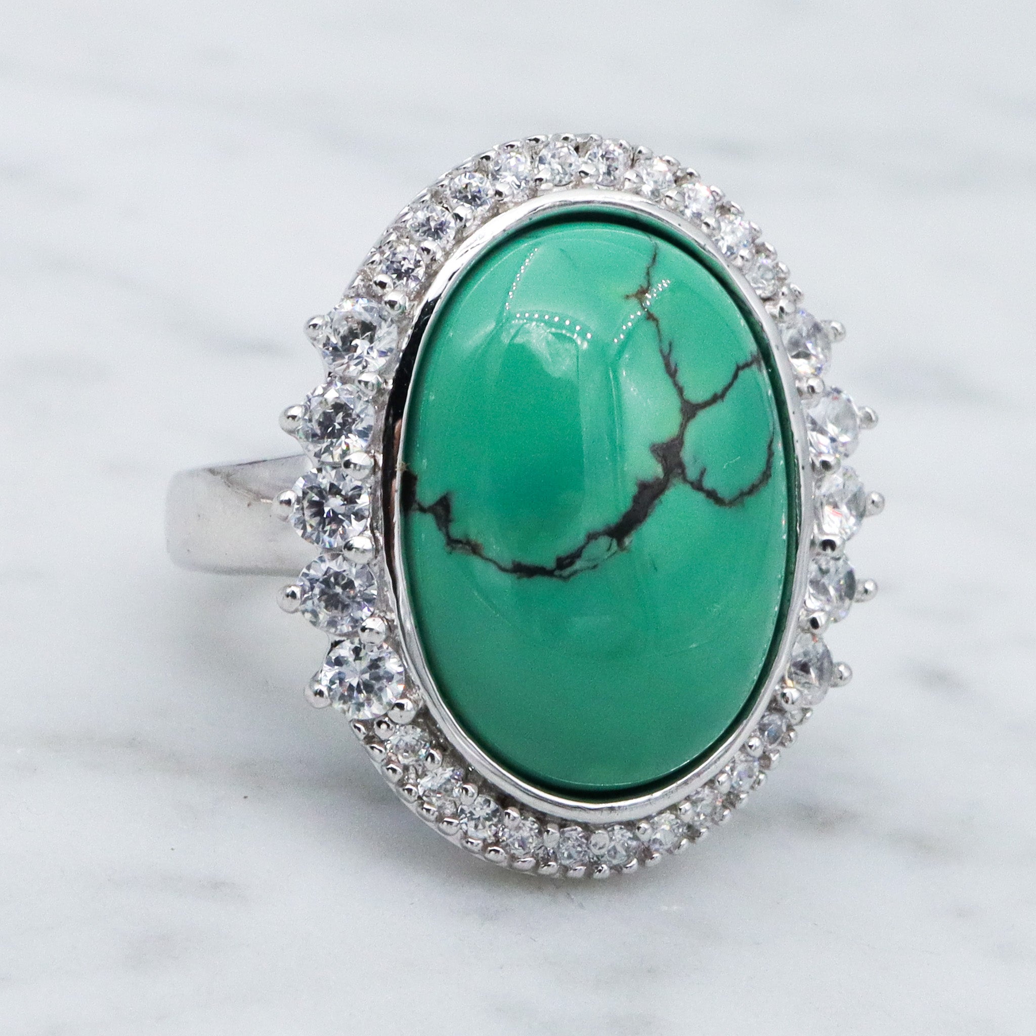 Vintage Joseph Esposito ESPO sterling silver green turquoise with cubic zirconia halo ring, sz 6