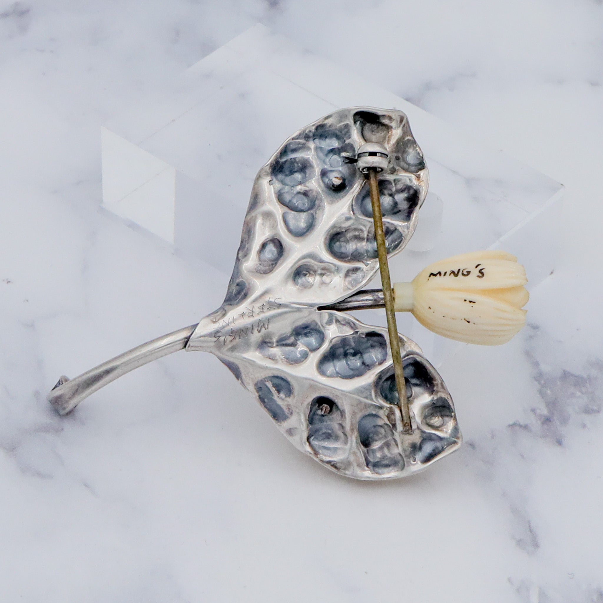 Antique Victorian Mings Hawaii sterling silver & carved faux ivory flower brooch