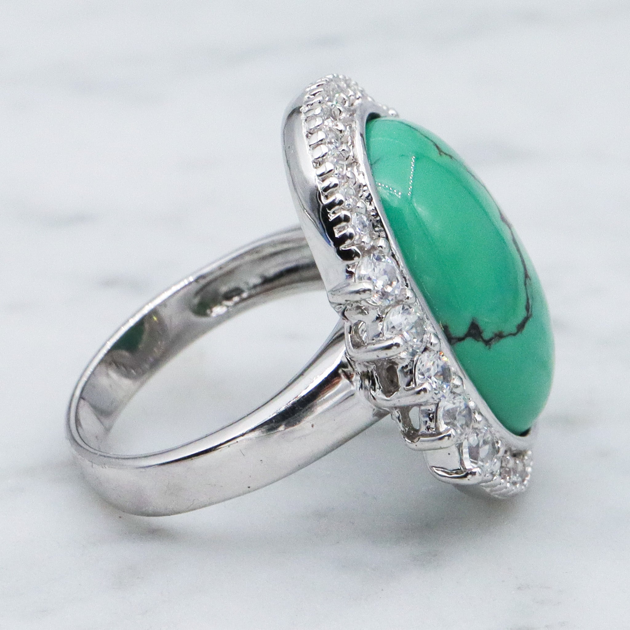 Vintage Joseph Esposito ESPO sterling silver green turquoise with cubic zirconia halo ring, sz 6
