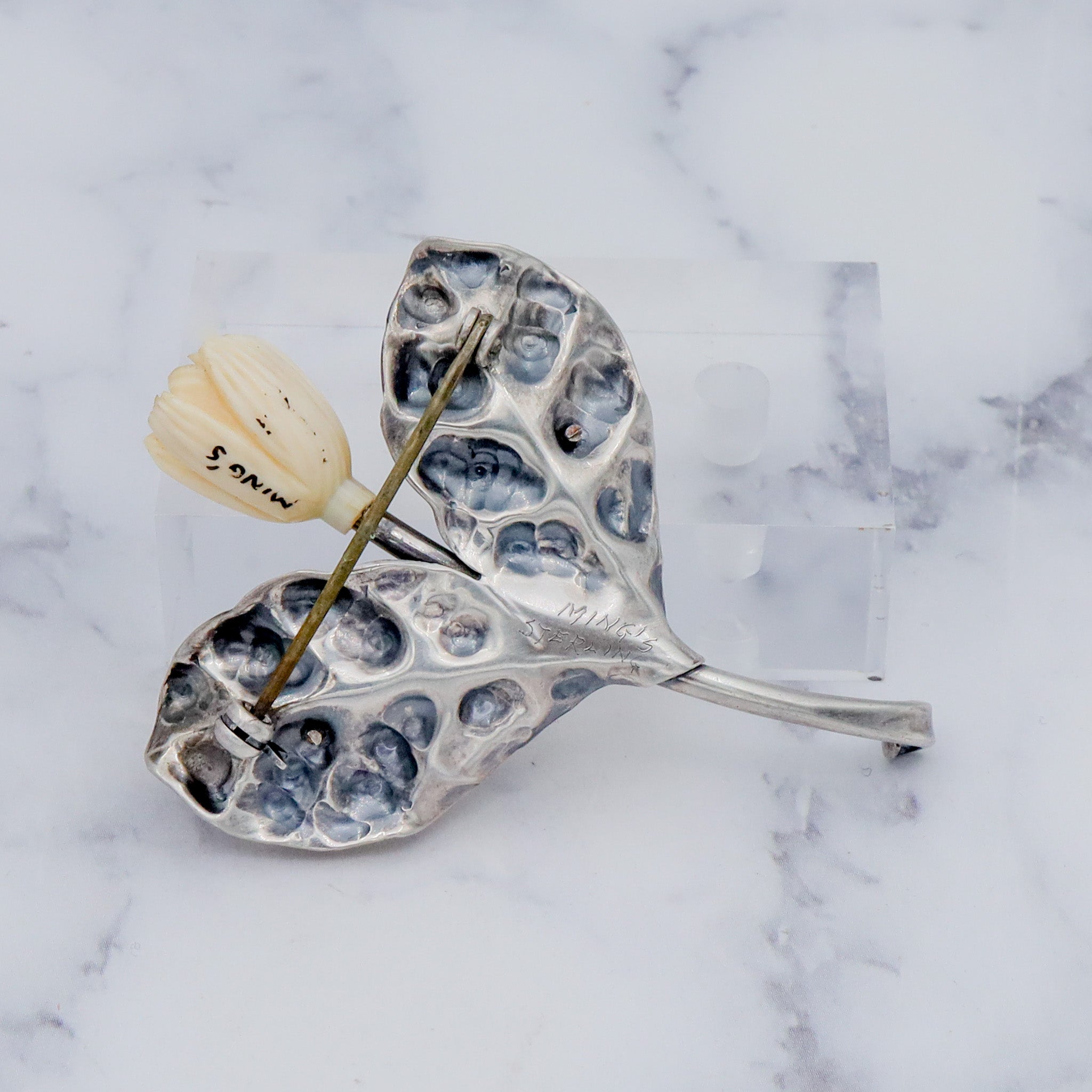 Antique Victorian Mings Hawaii sterling silver & carved faux ivory flower brooch