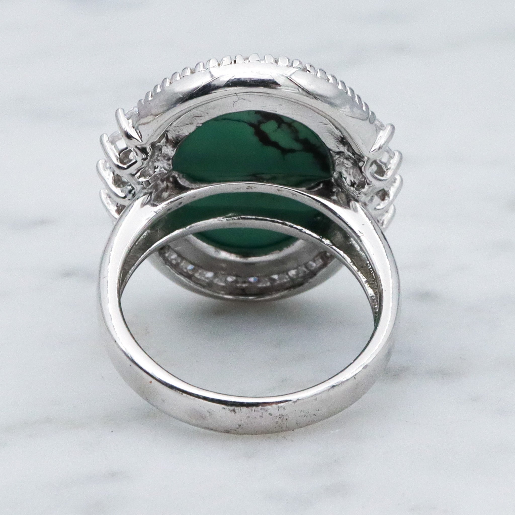 Vintage Joseph Esposito ESPO sterling silver green turquoise with cubic zirconia halo ring, sz 6