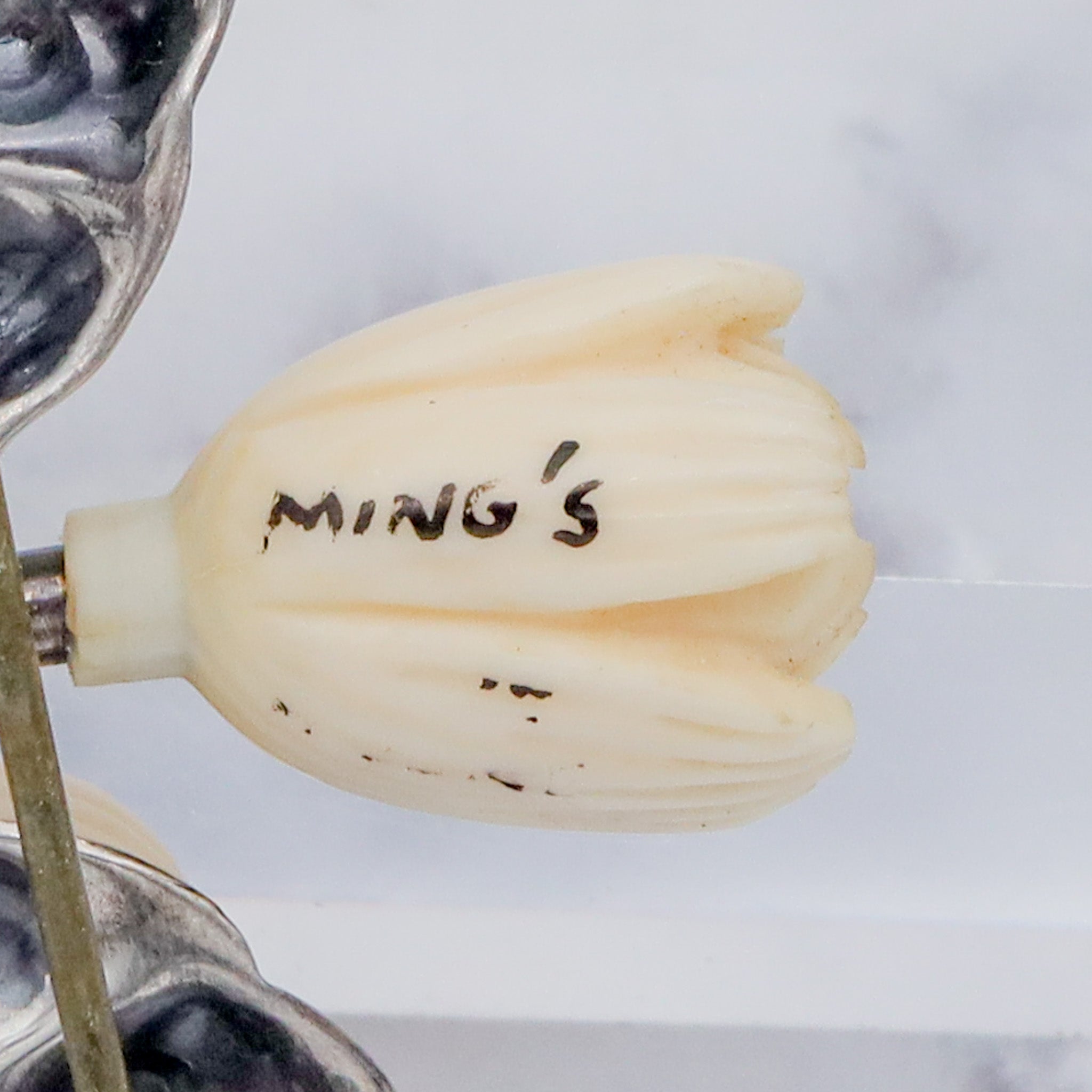 Antique Victorian Mings Hawaii sterling silver & carved faux ivory flower brooch