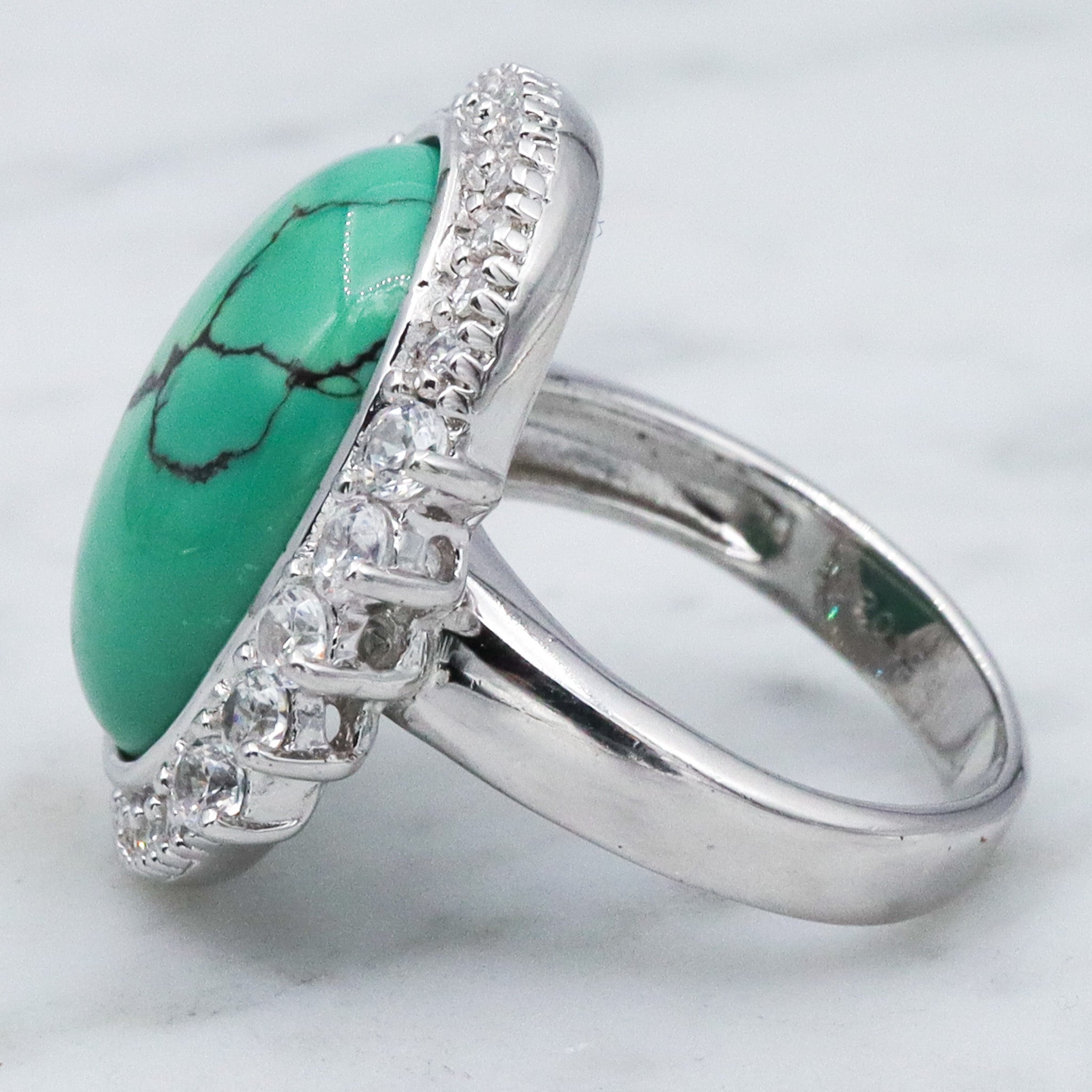Vintage Joseph Esposito ESPO sterling silver green turquoise with cubic zirconia halo ring, sz 6