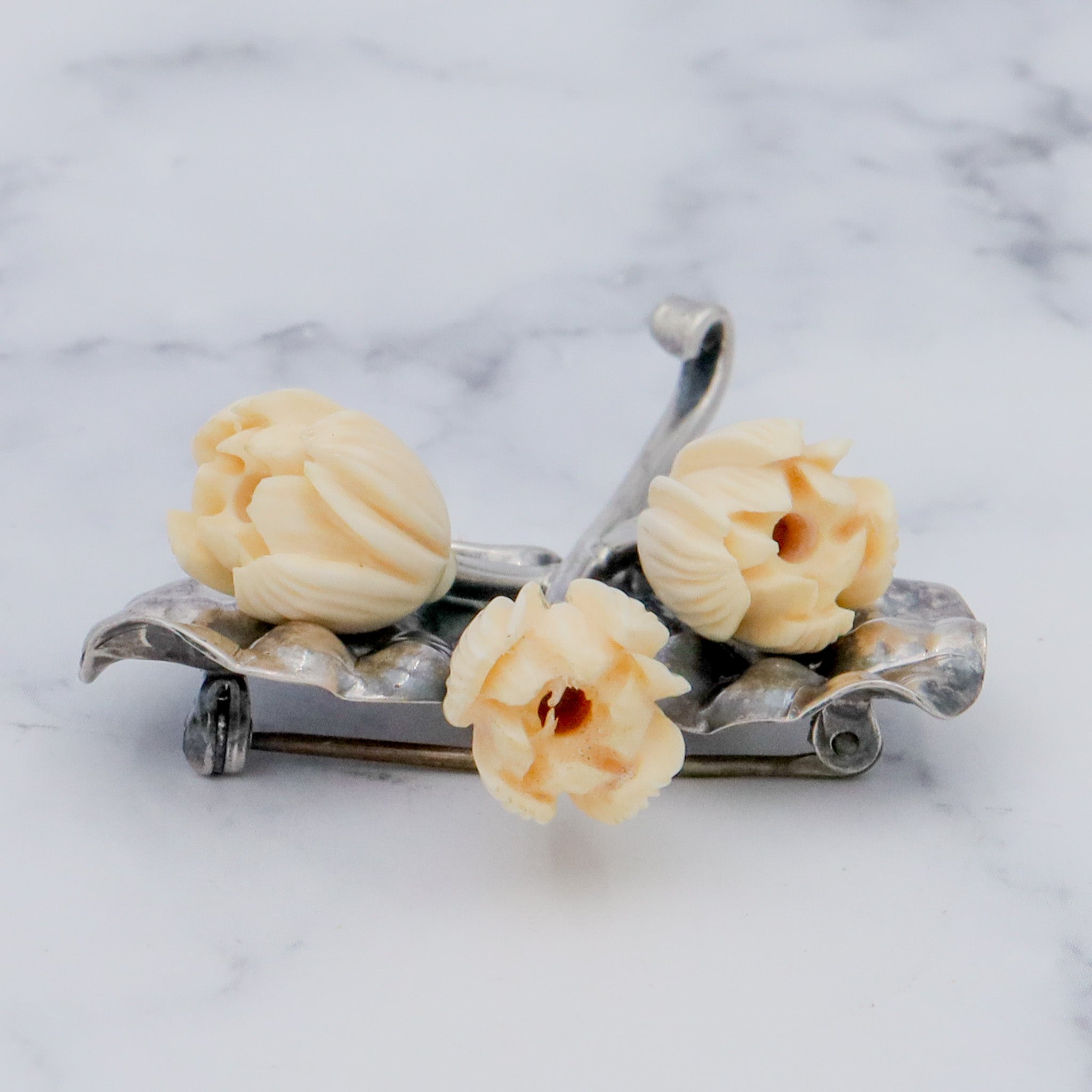 Antique Victorian Mings Hawaii sterling silver & carved faux ivory flower brooch