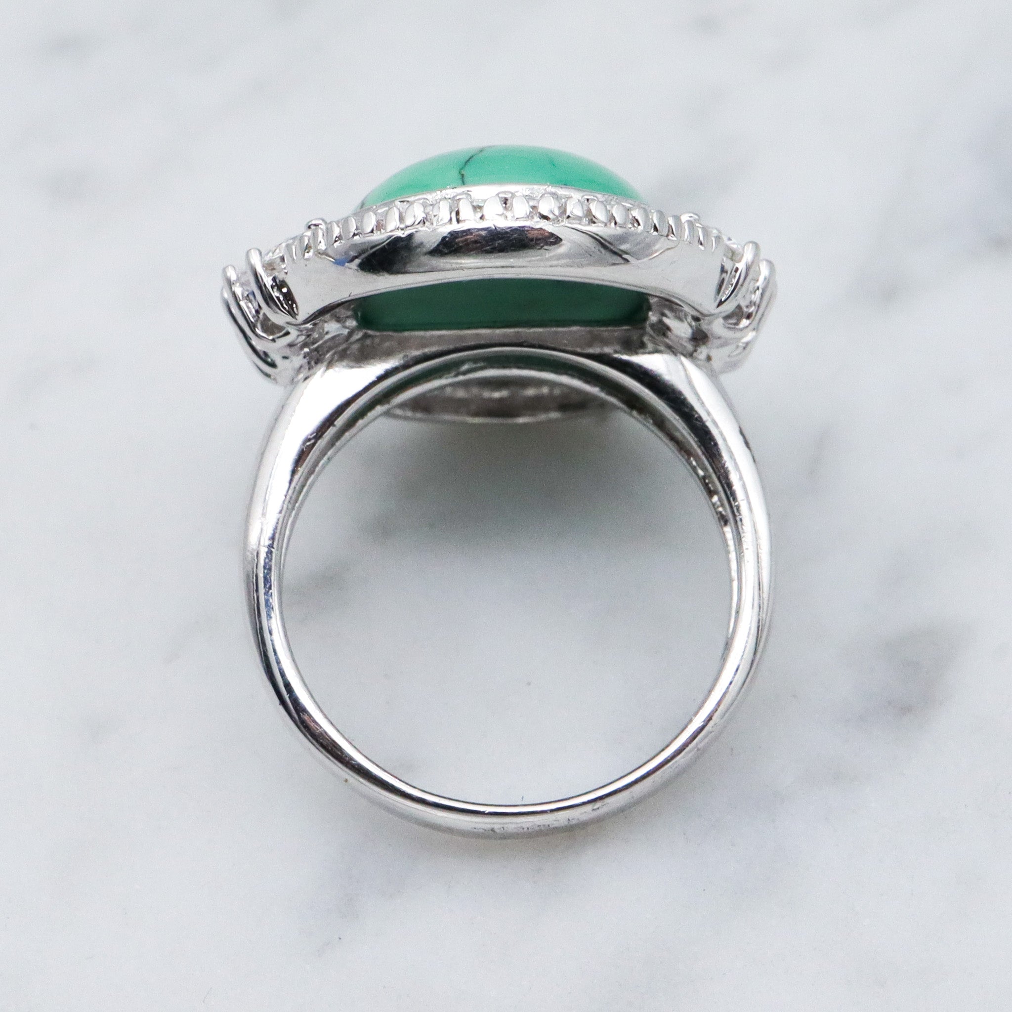 Vintage Joseph Esposito ESPO sterling silver green turquoise with cubic zirconia halo ring, sz 6