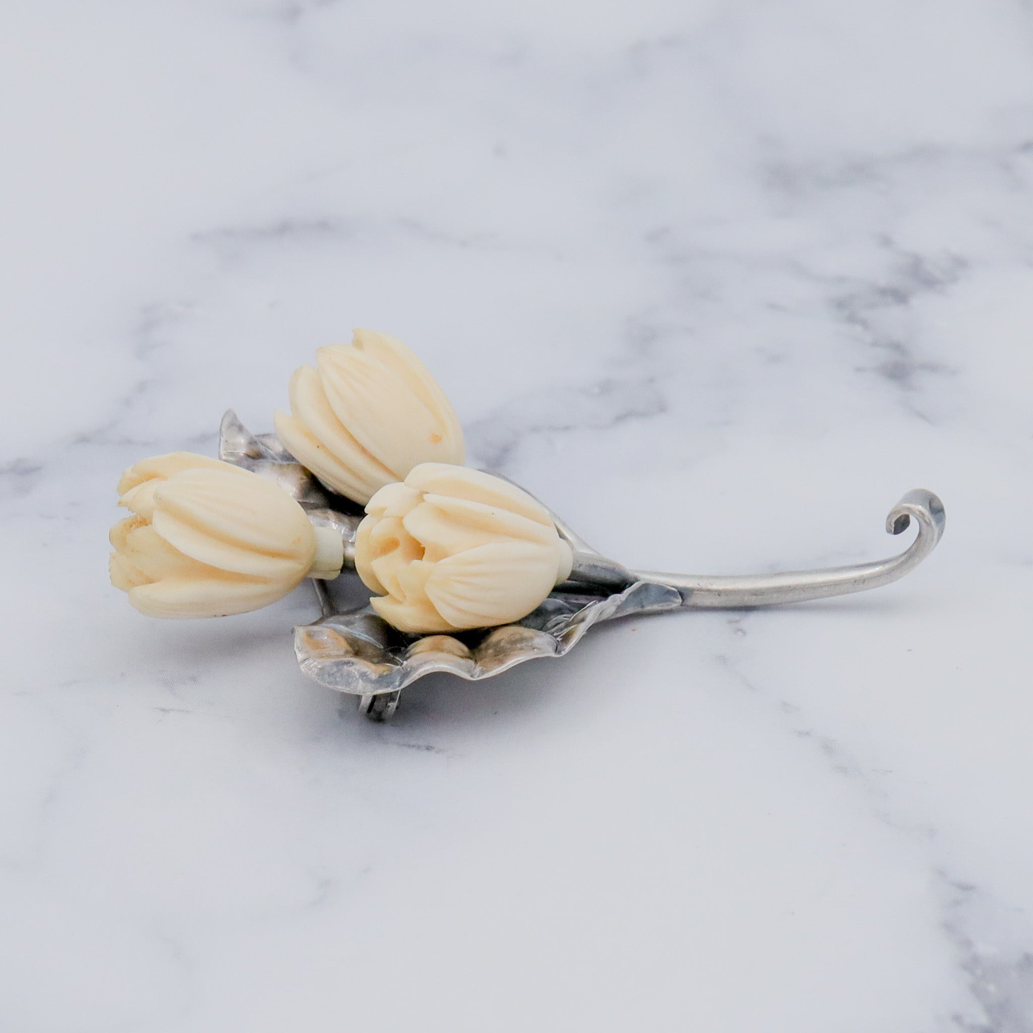 Antique Victorian Mings Hawaii sterling silver & carved faux ivory flower brooch