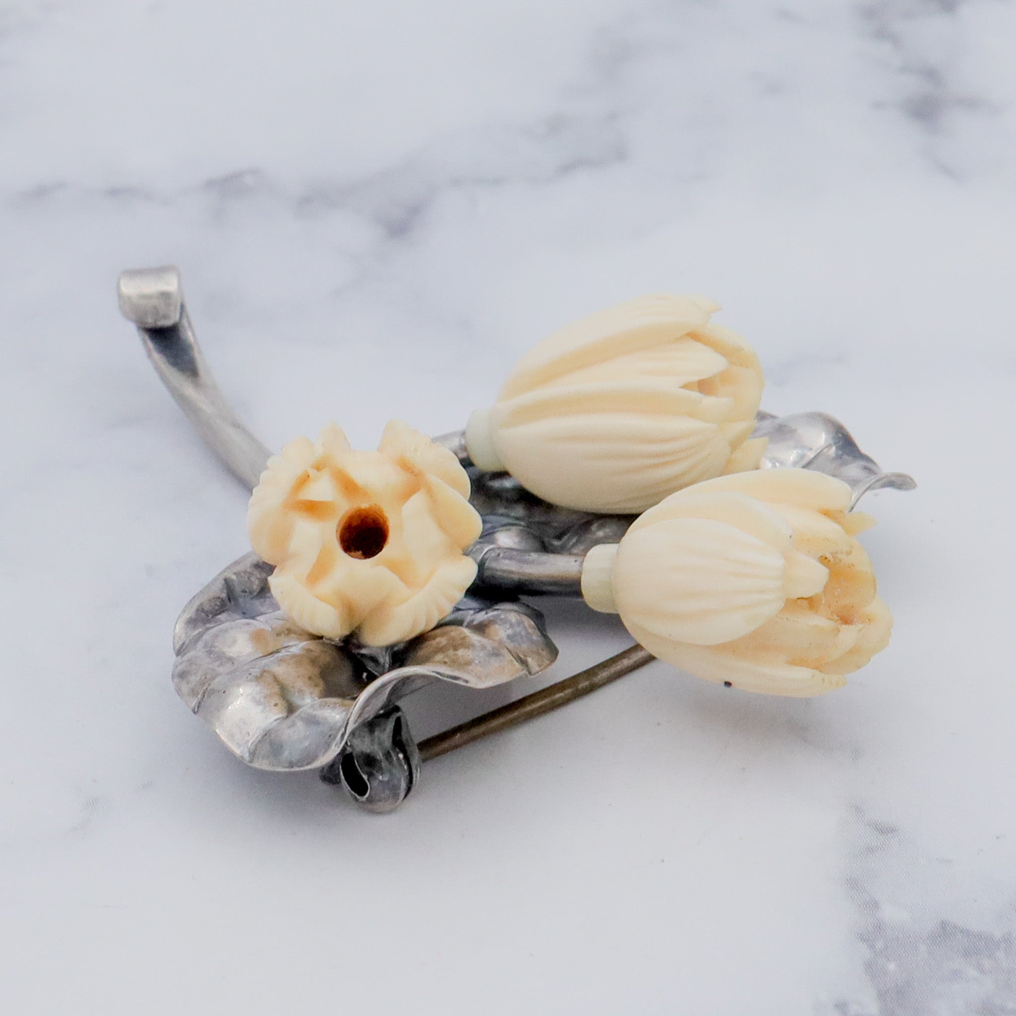 Antique Victorian Mings Hawaii sterling silver & carved faux ivory flower brooch