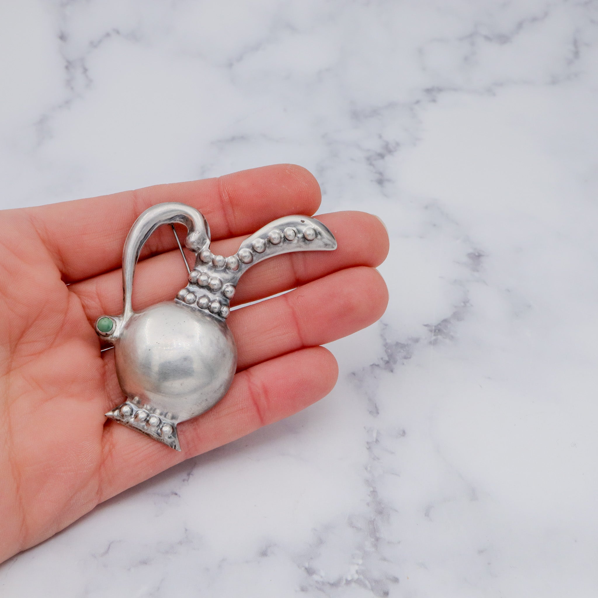 Antique Mexican sterling silver fancy pitcher with turquoise posey holder brooch