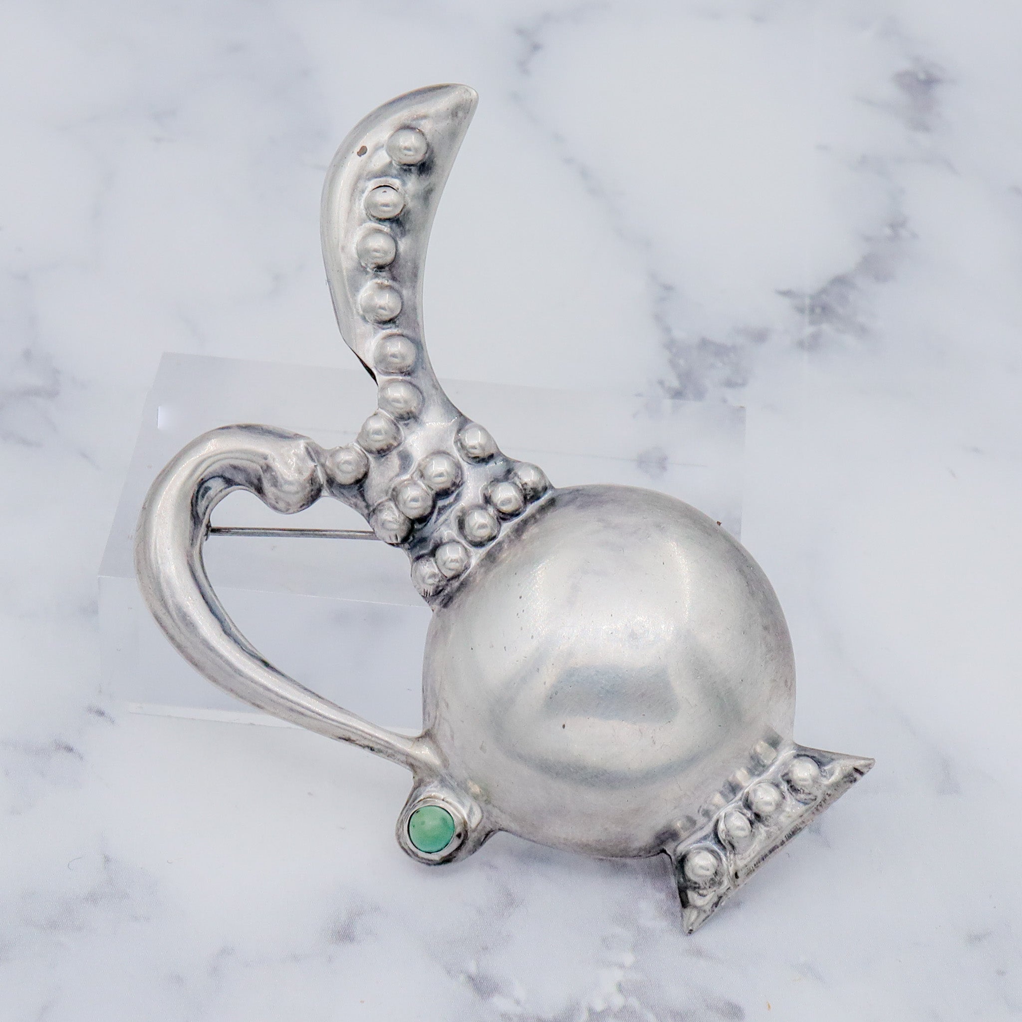 Antique Mexican sterling silver fancy pitcher with turquoise posey holder brooch