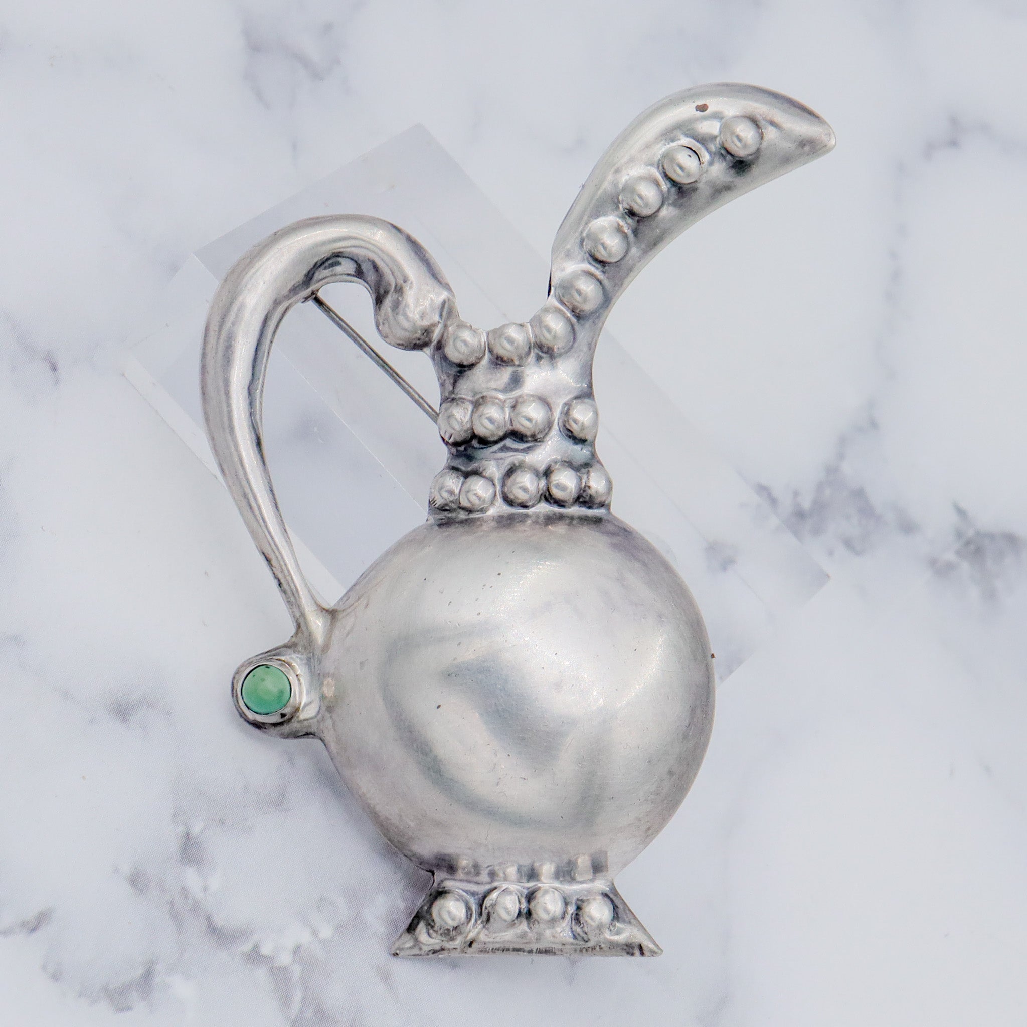 Antique Mexican sterling silver fancy pitcher with turquoise posey holder brooch
