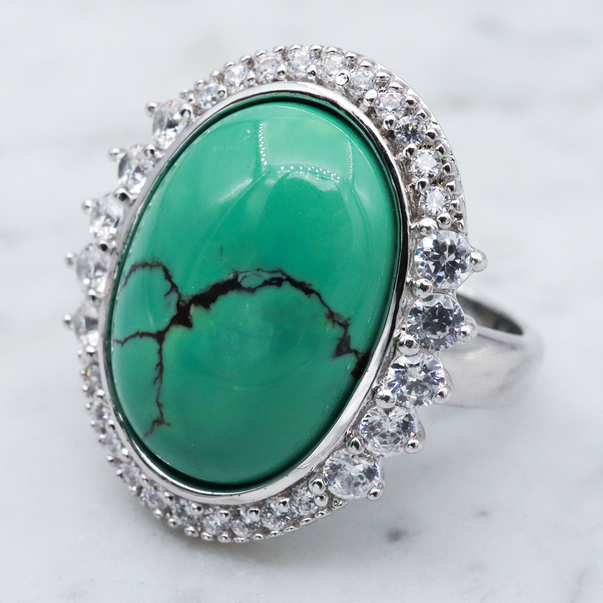 Vintage Joseph Esposito ESPO sterling silver green turquoise with cubic zirconia halo ring, sz 6