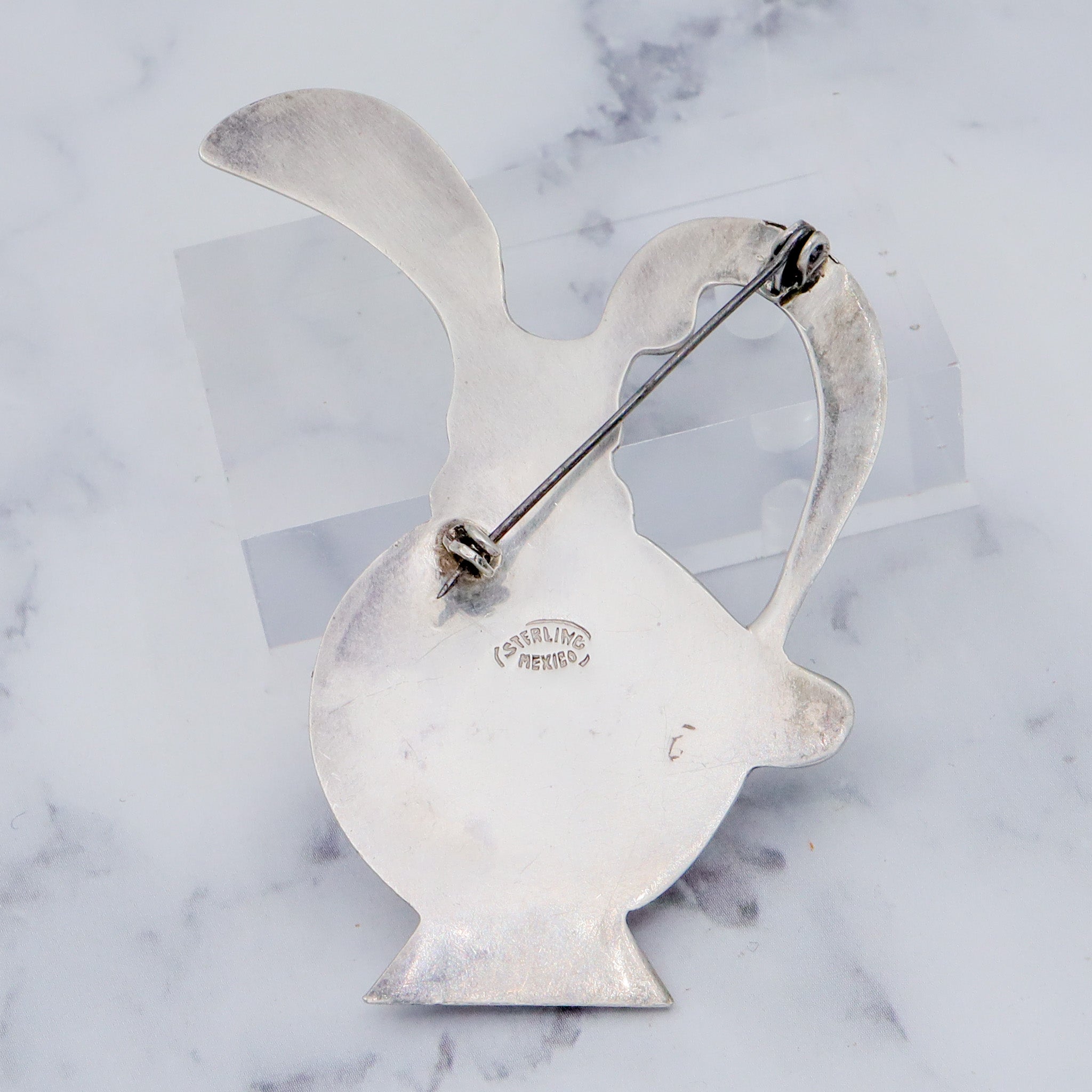 Antique Mexican sterling silver fancy pitcher with turquoise posey holder brooch