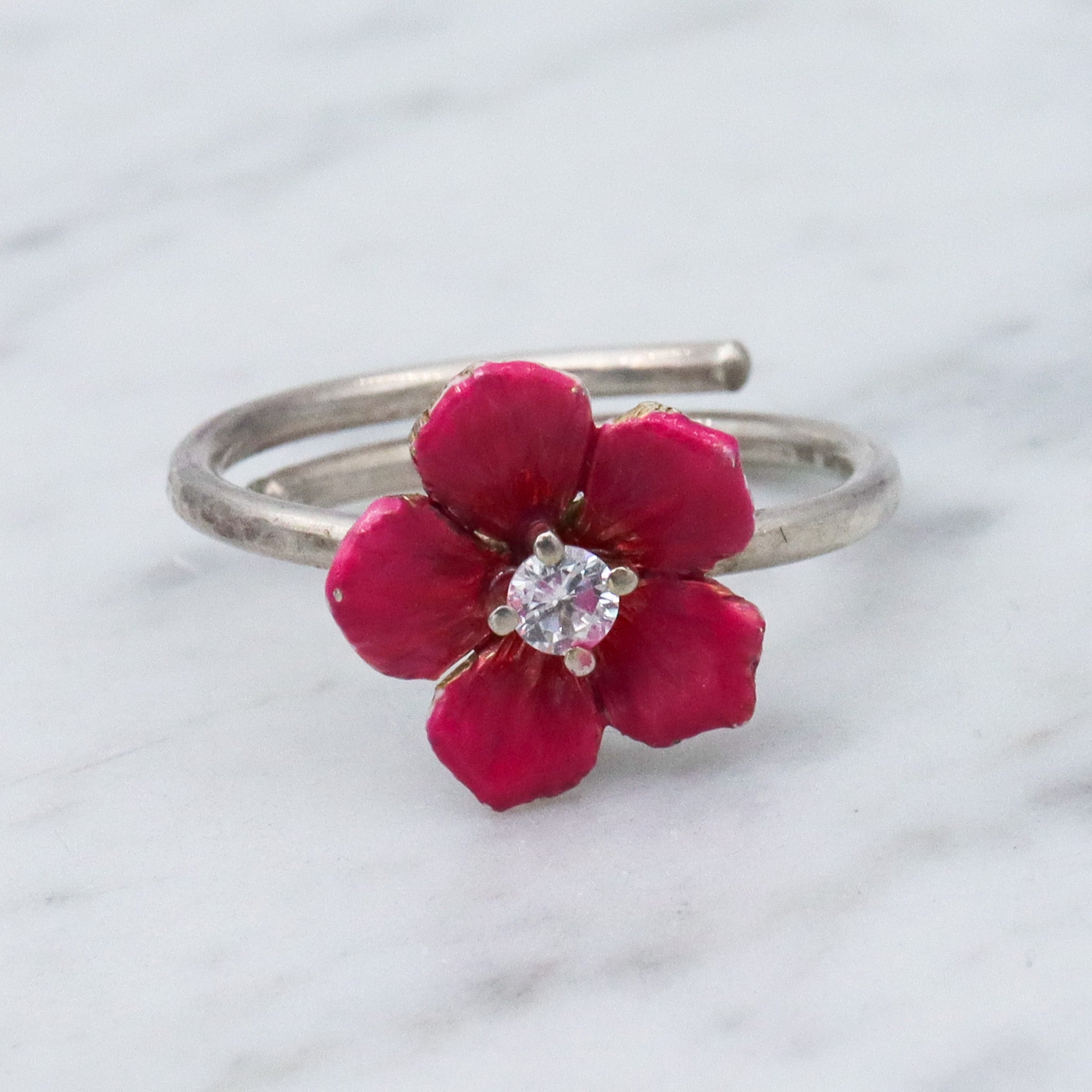 Vintage sterling silver enamel pink flower ring with cubic zirconia center, sz 9 adjustable