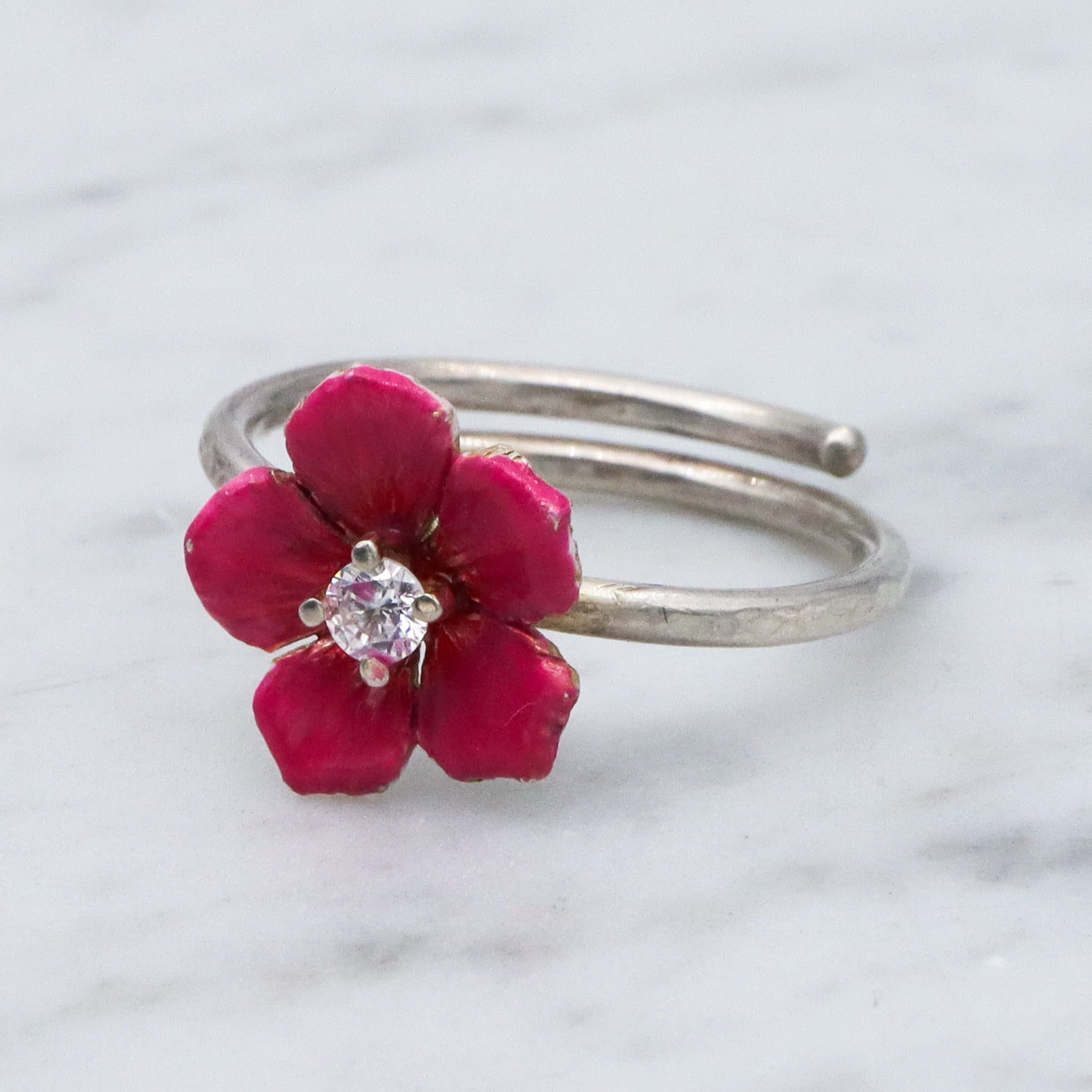 Vintage sterling silver enamel pink flower ring with cubic zirconia center, sz 9 adjustable
