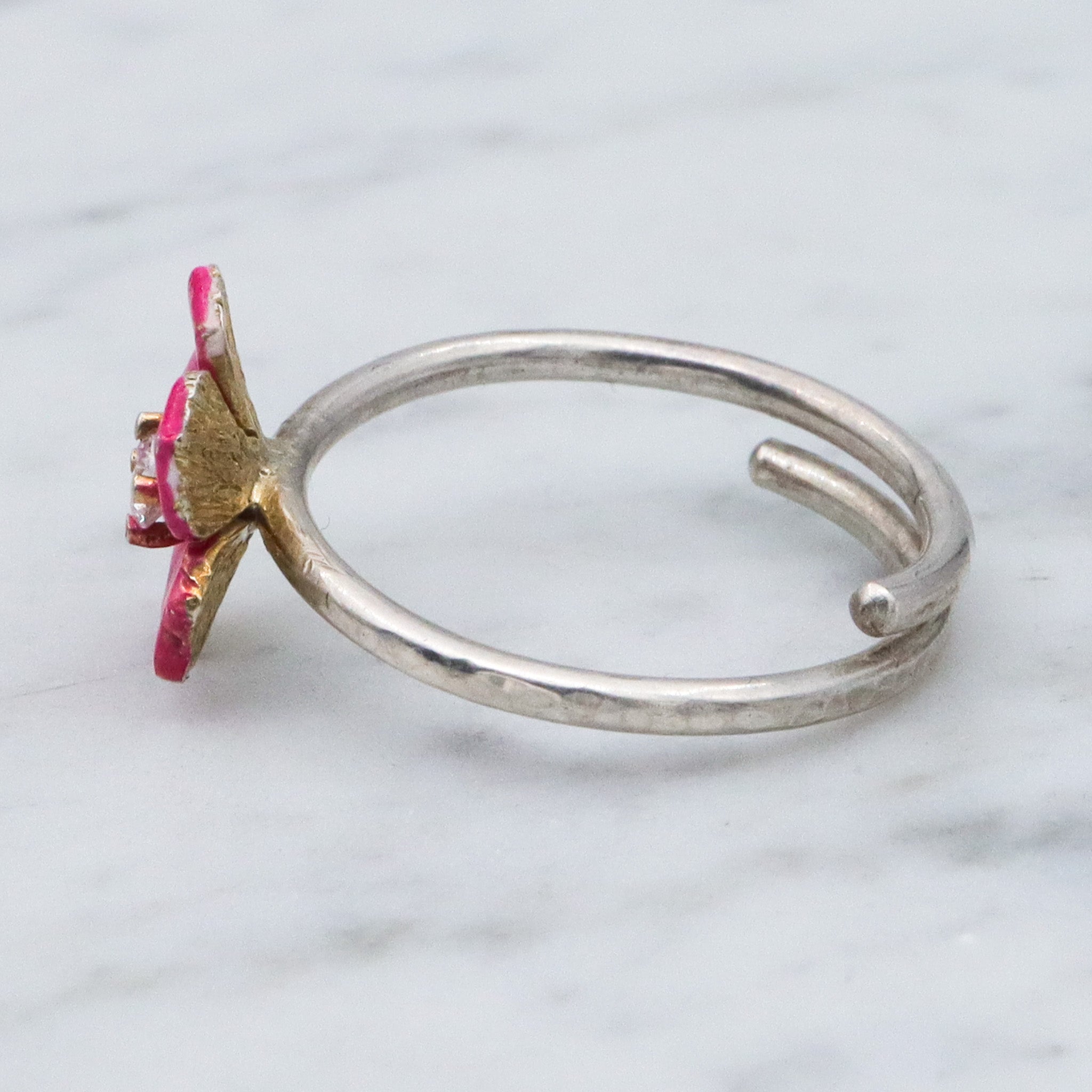 Vintage sterling silver enamel pink flower ring with cubic zirconia center, sz 9 adjustable