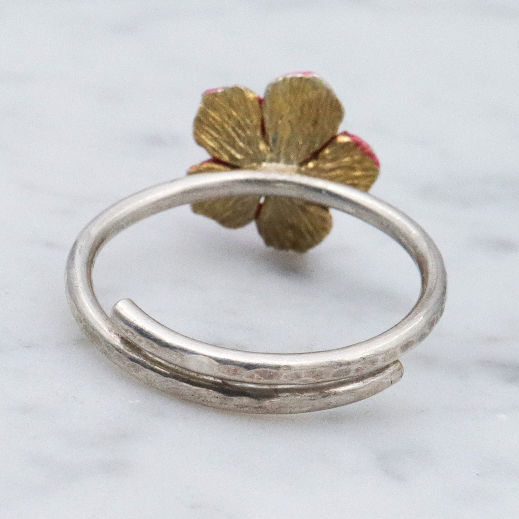 Vintage sterling silver enamel pink flower ring with cubic zirconia center, sz 9 adjustable