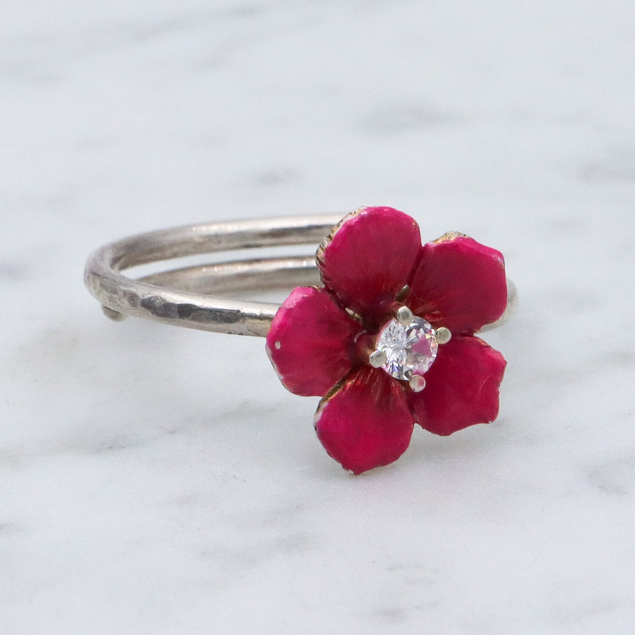 Vintage sterling silver enamel pink flower ring with cubic zirconia center, sz 9 adjustable