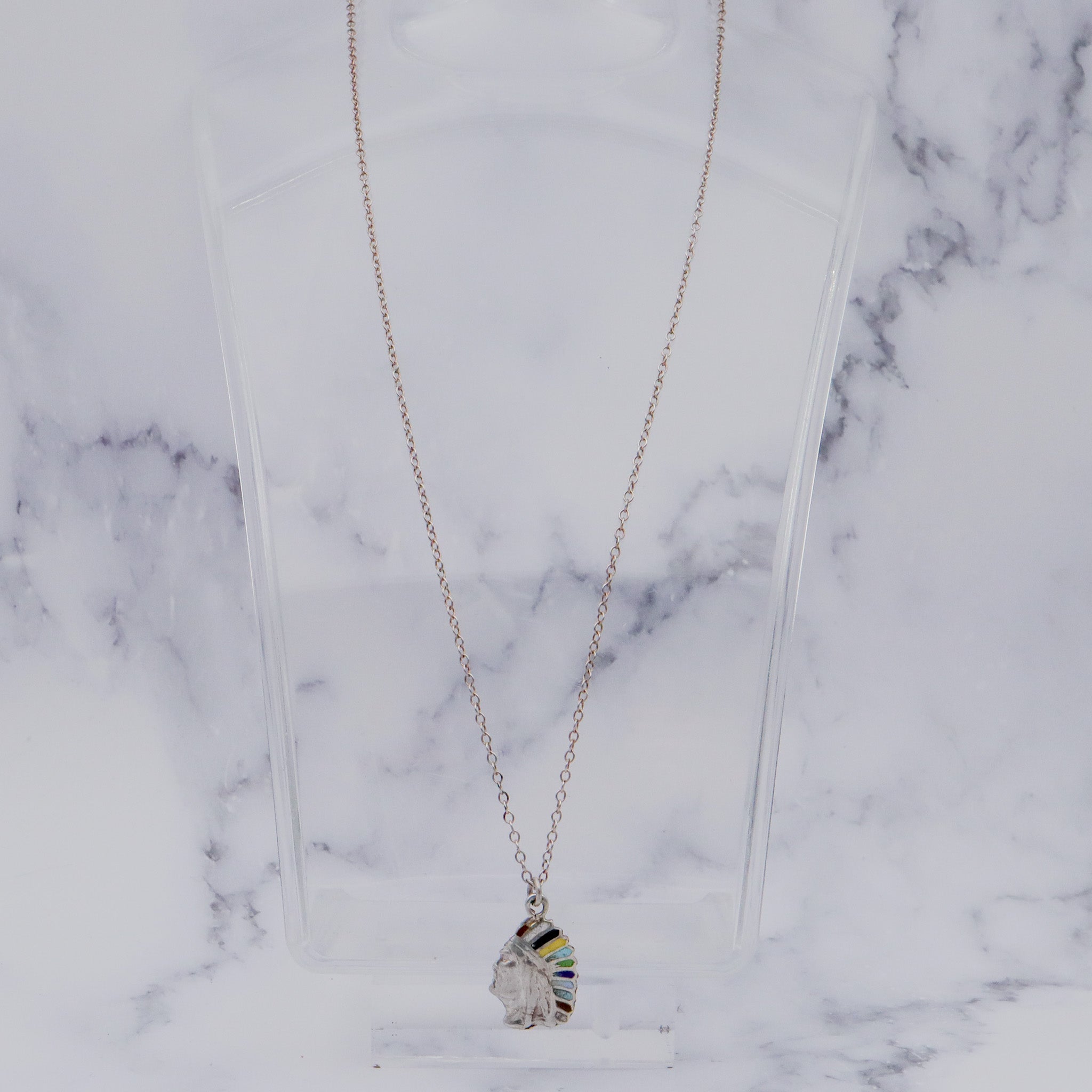 Vintage sterling silver & enamel Native American with headdress pendant on a curb link chain necklace, 19”