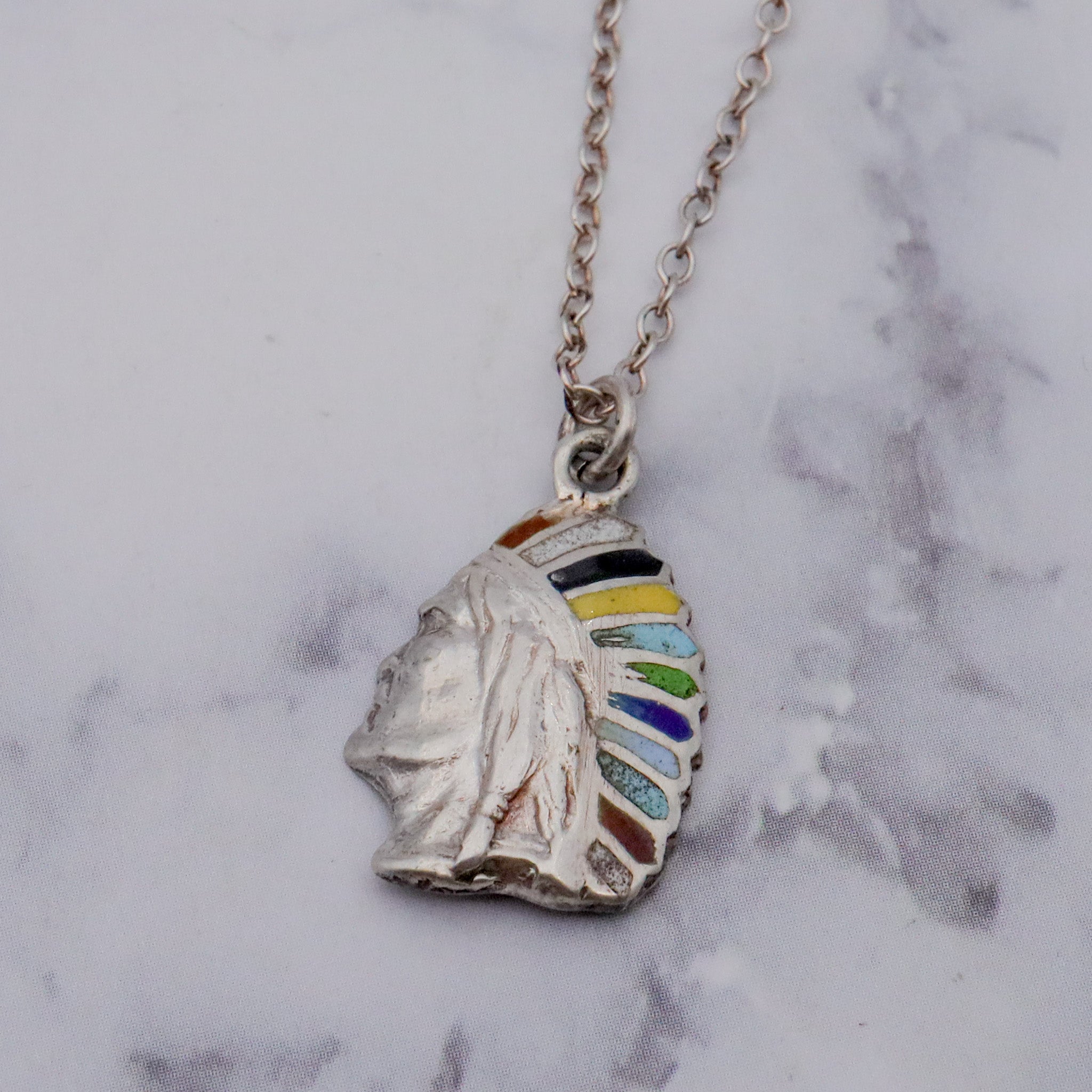Vintage sterling silver & enamel Native American with headdress pendant on a curb link chain necklace, 19”