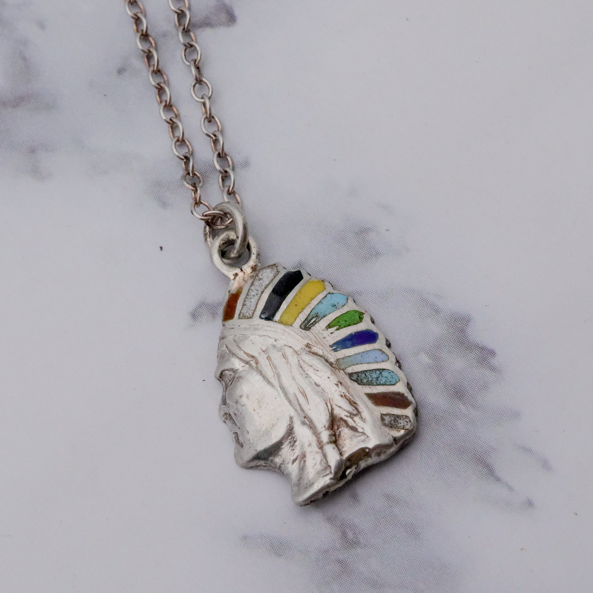 Vintage sterling silver & enamel Native American with headdress pendant on a curb link chain necklace, 19”