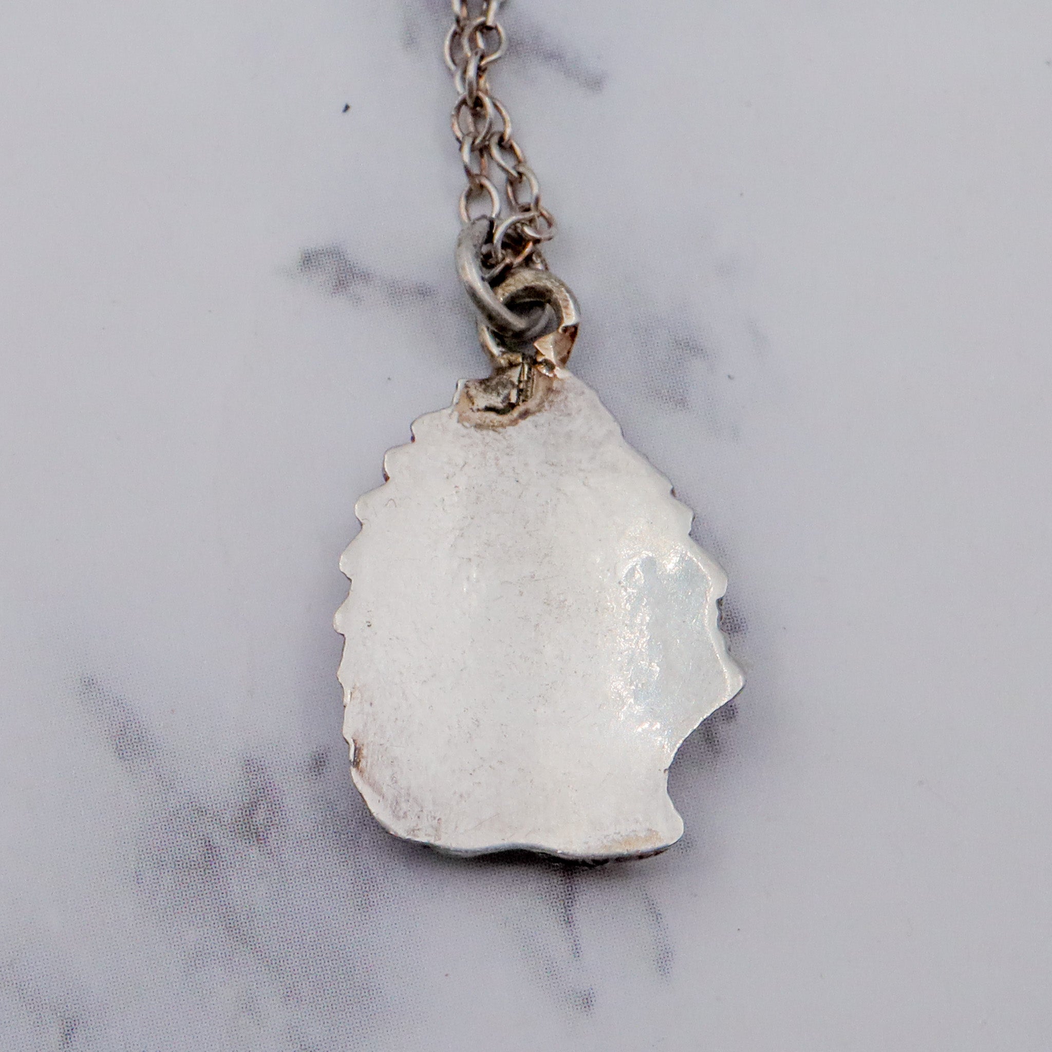 Vintage sterling silver & enamel Native American with headdress pendant on a curb link chain necklace, 19”