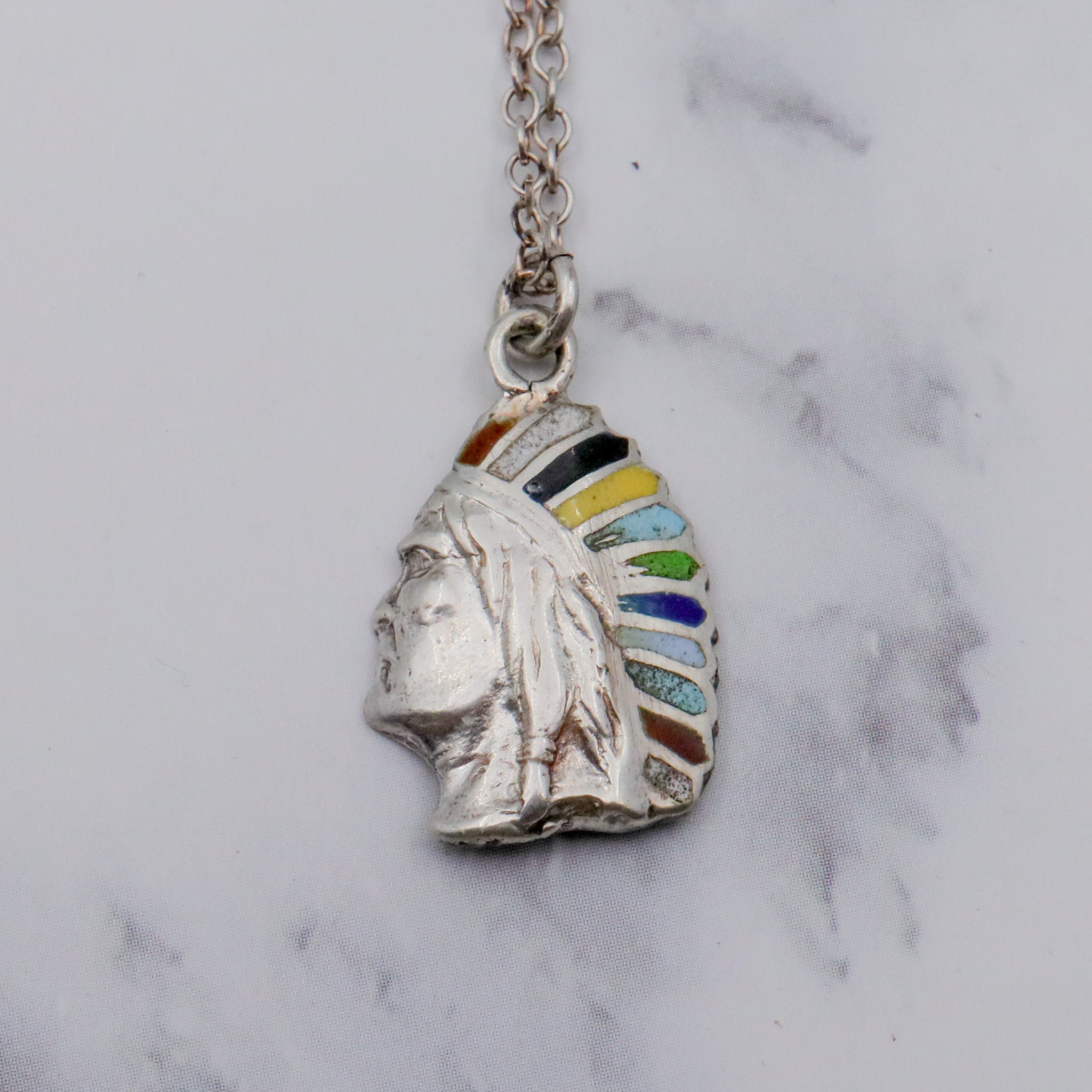 Vintage sterling silver & enamel Native American with headdress pendant on a curb link chain necklace, 19”