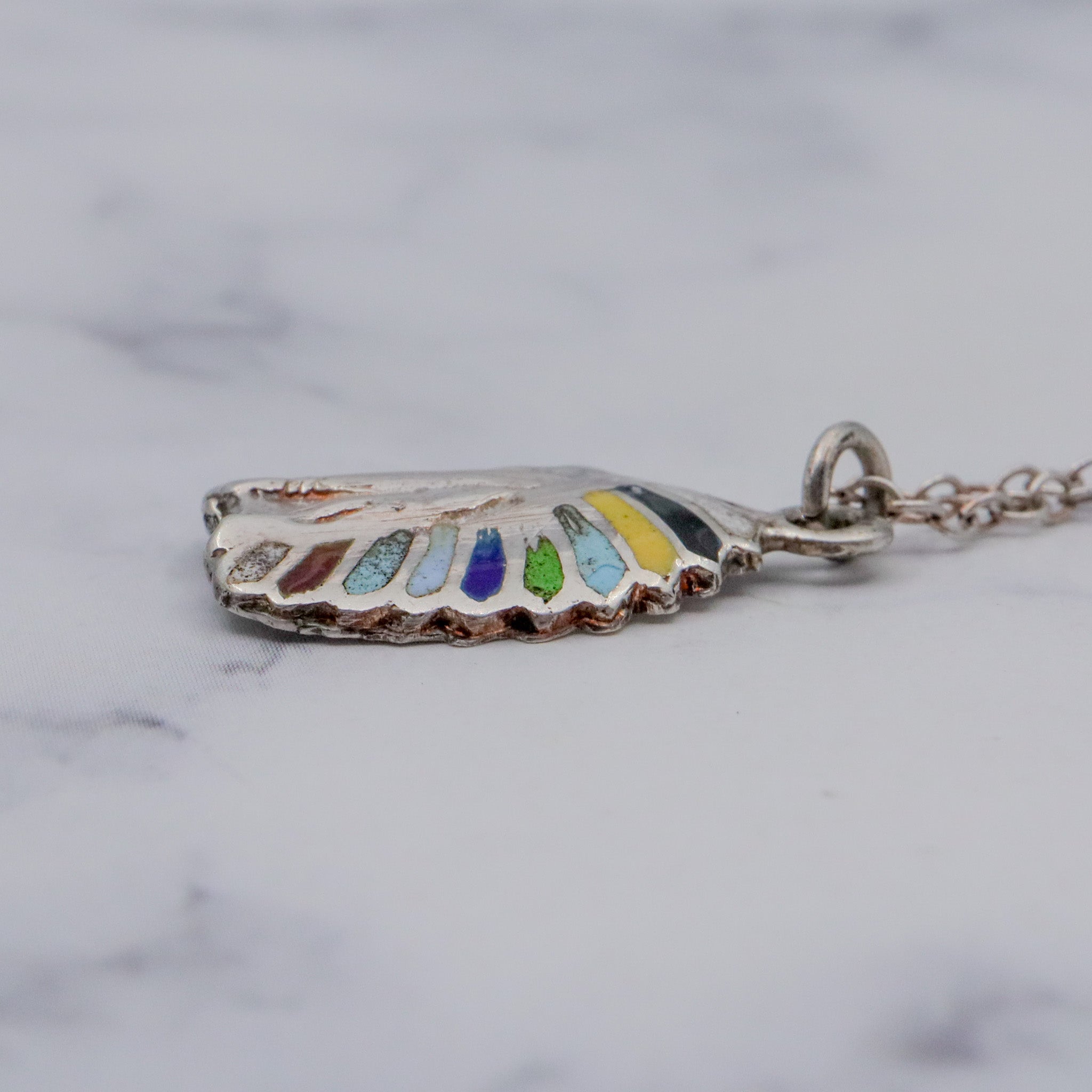 Vintage sterling silver & enamel Native American with headdress pendant on a curb link chain necklace, 19”