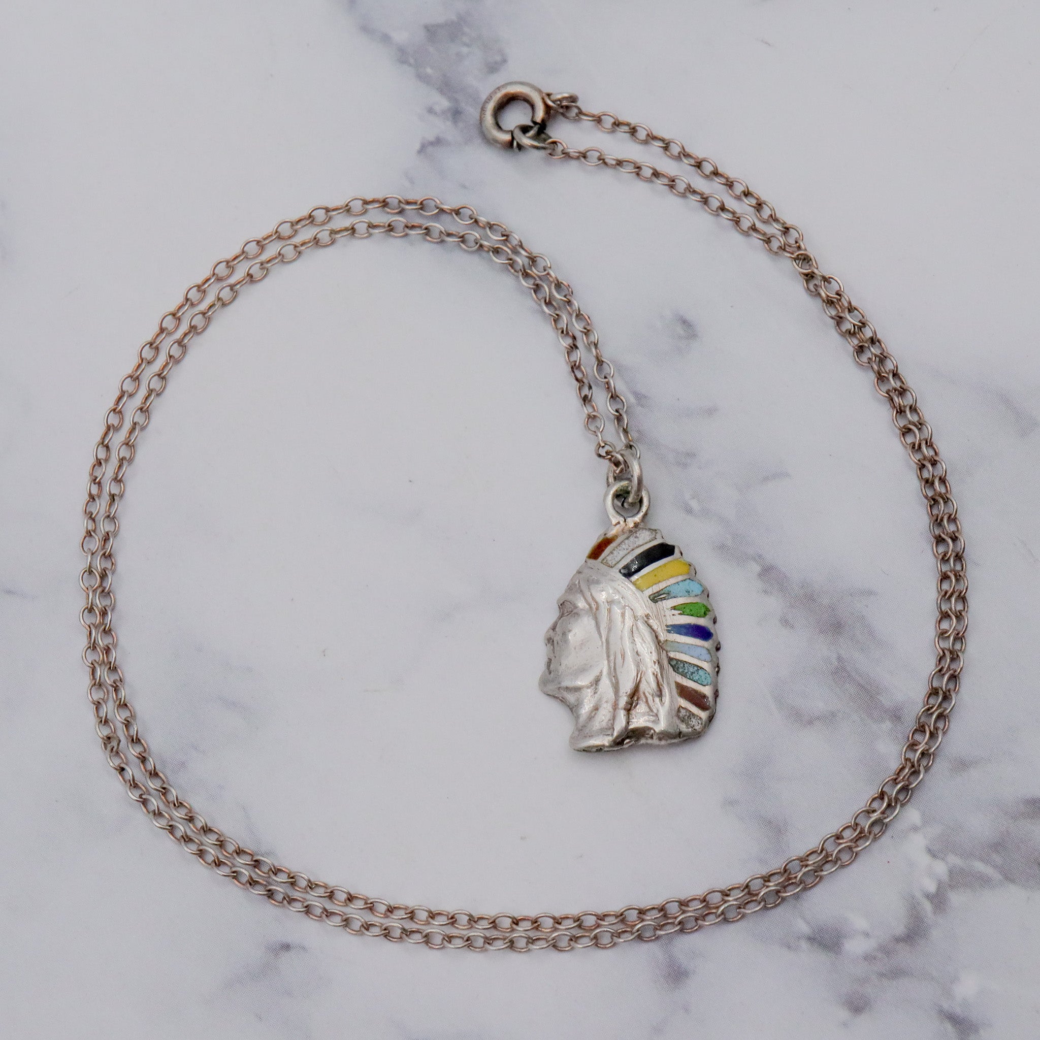 Vintage sterling silver & enamel Native American with headdress pendant on a curb link chain necklace, 19”