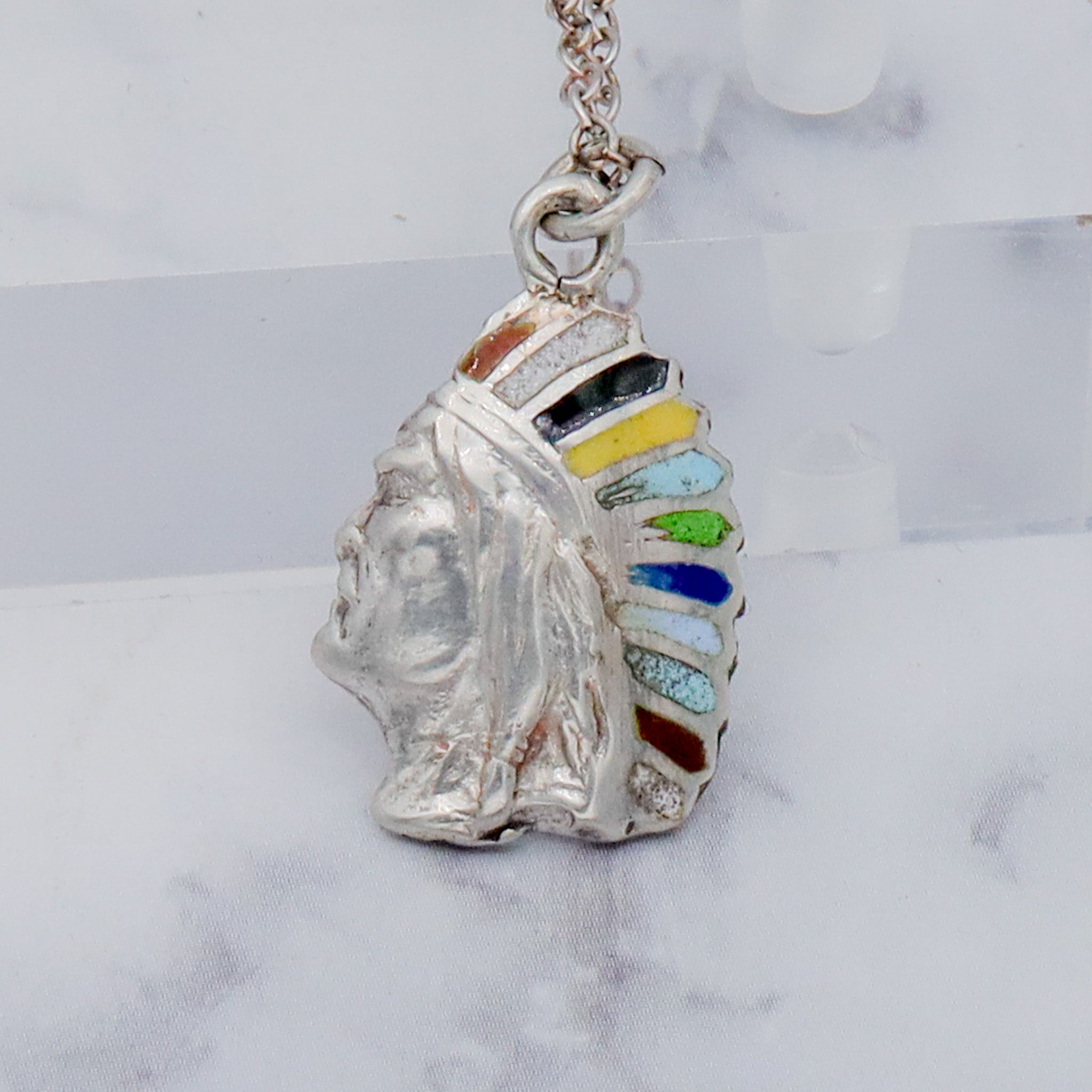 Vintage sterling silver & enamel Native American with headdress pendant on a curb link chain necklace, 19”
