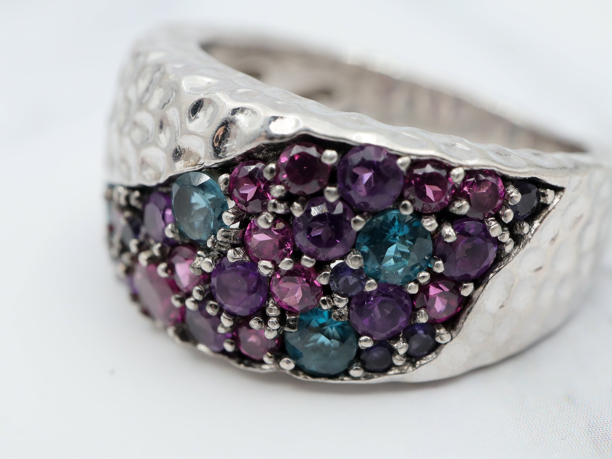 Vintage shades of purple sterling and multi gemstone ring with hammered finish, size 9