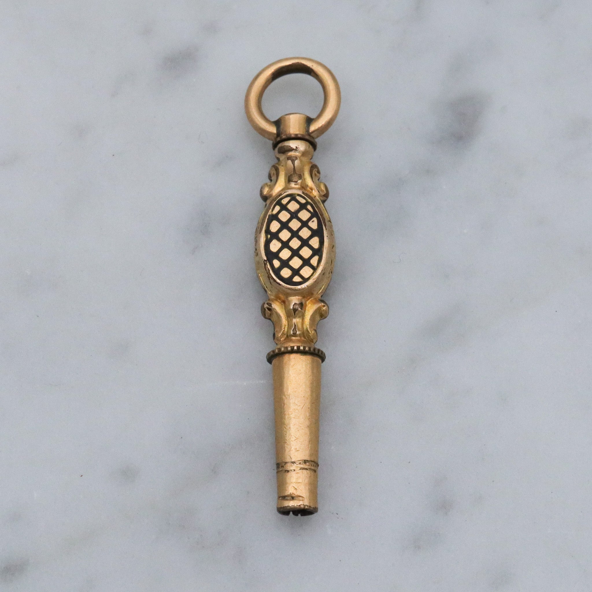 Antique Victorian gold filled black enamel watch key fob