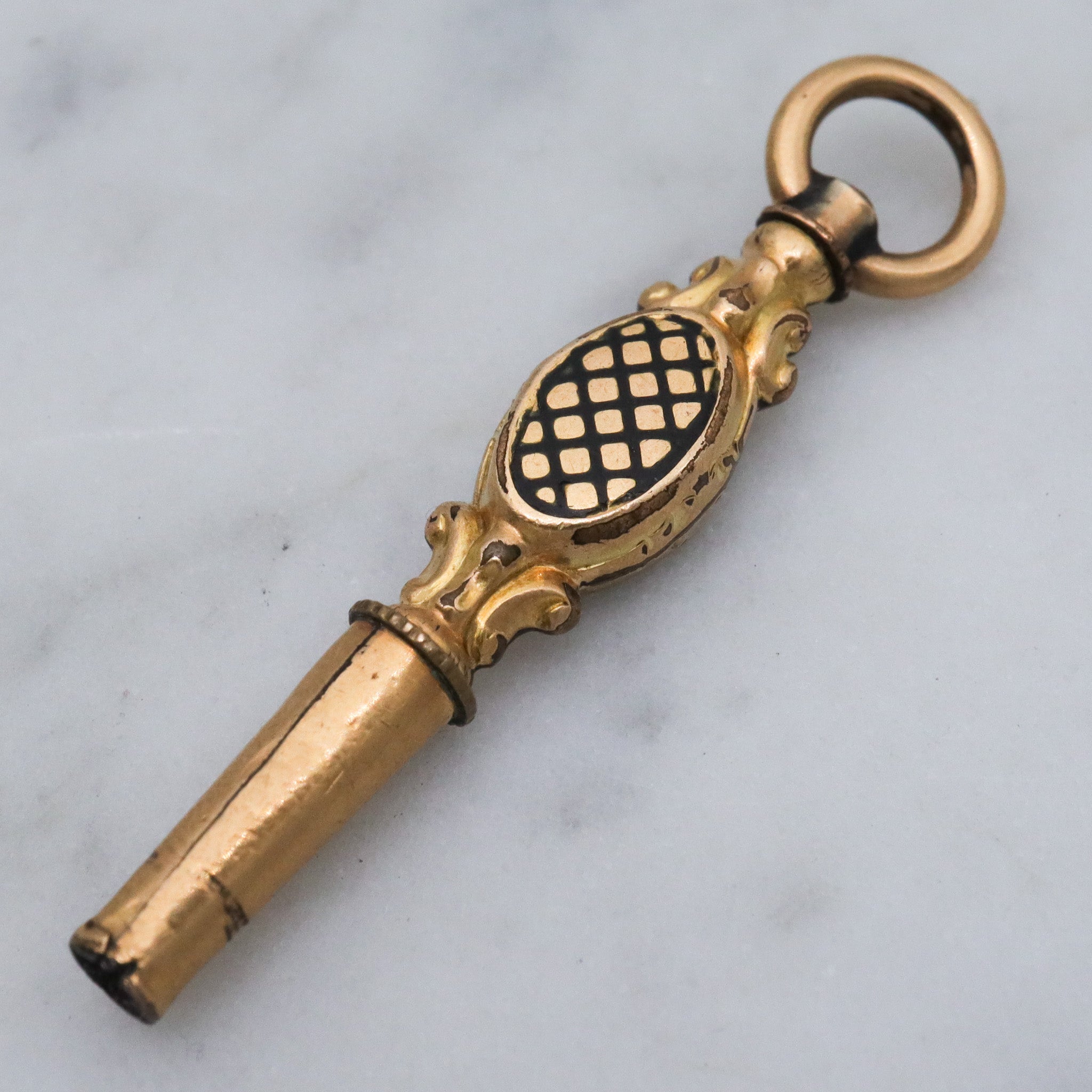 Antique Victorian gold filled black enamel watch key fob