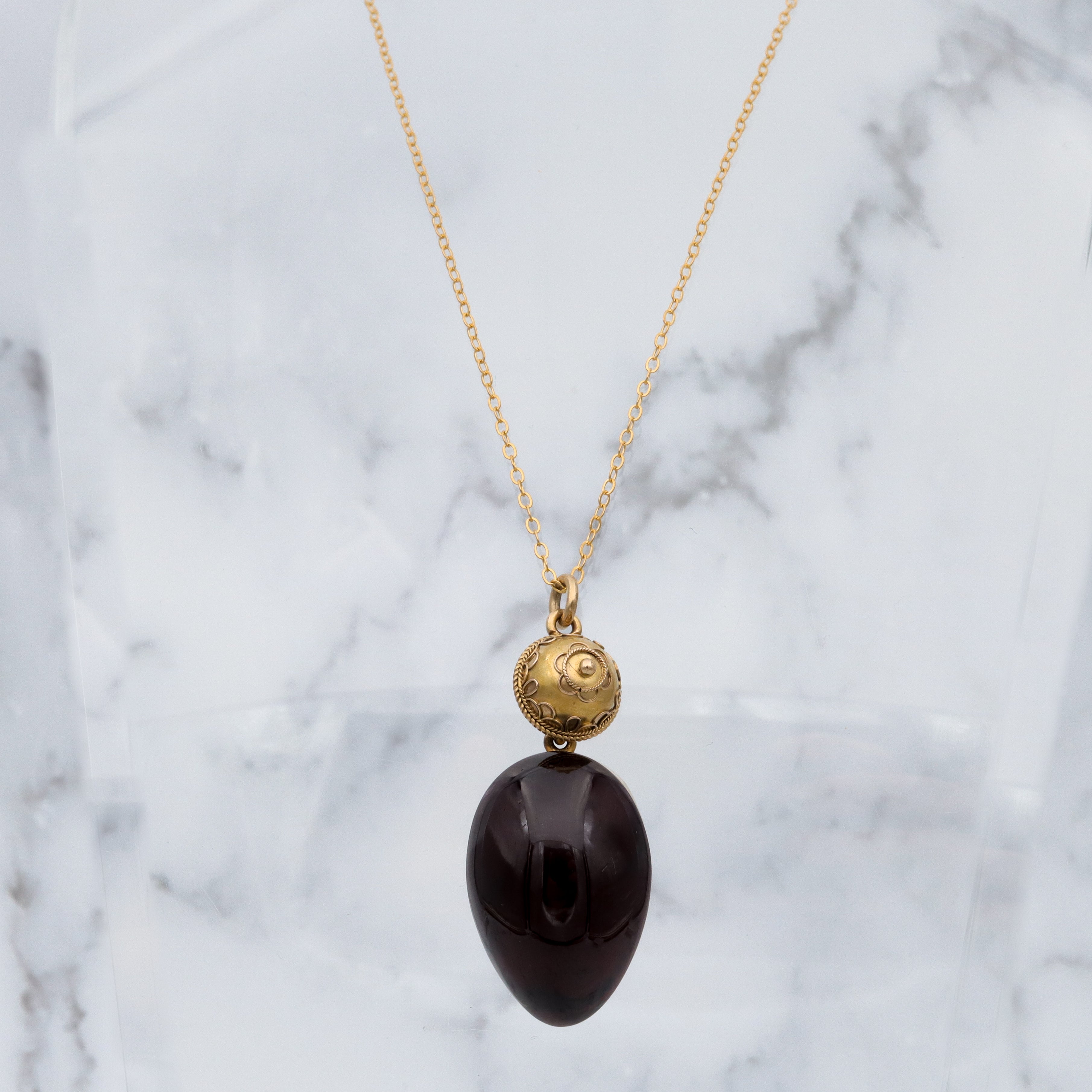 Antique Victorian Etruscan Revival 14k gold teardrop garnet pendant with locket back
