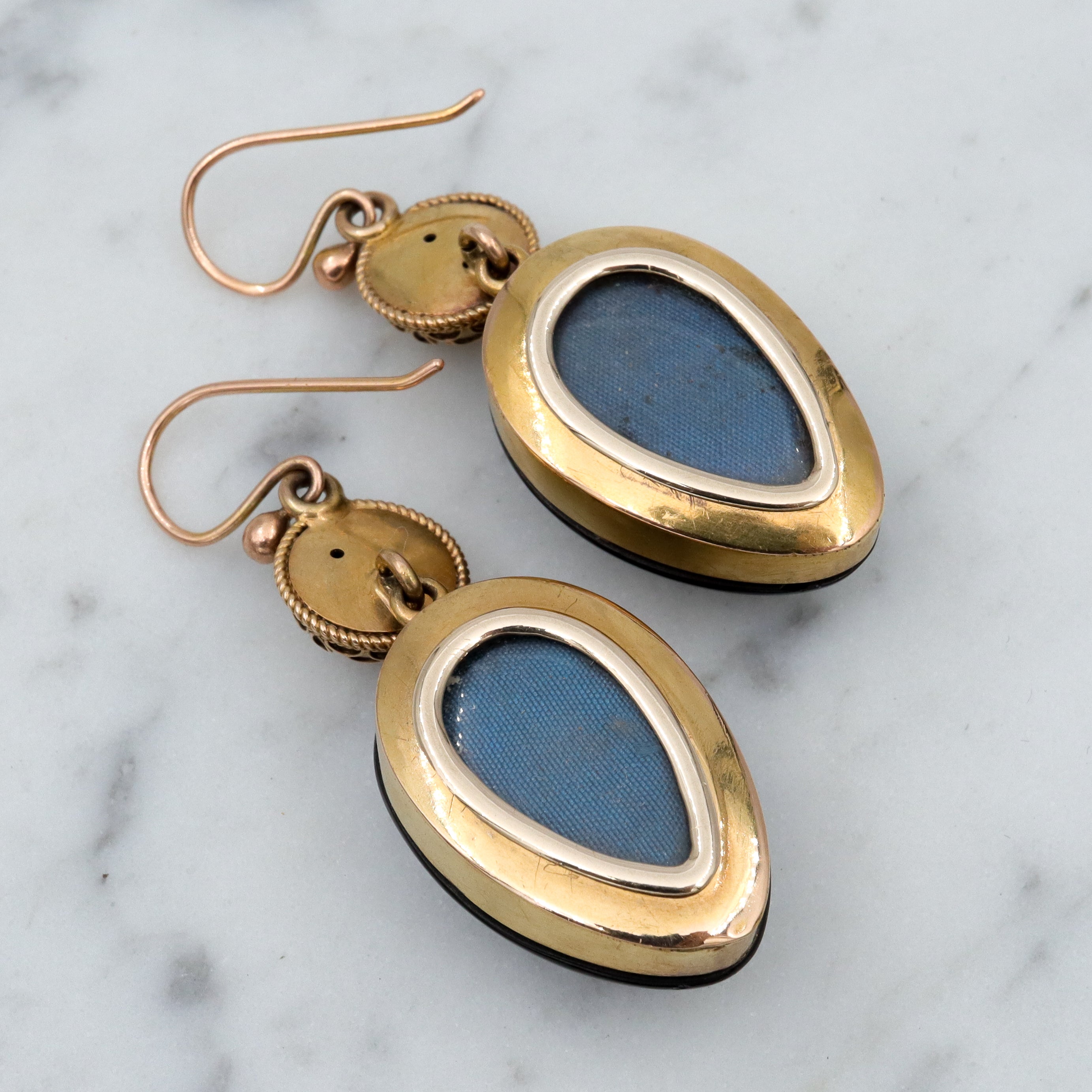 Antique Victorian Etruscan Revival 14k gold teardrop garnet drop earrings with locket backs