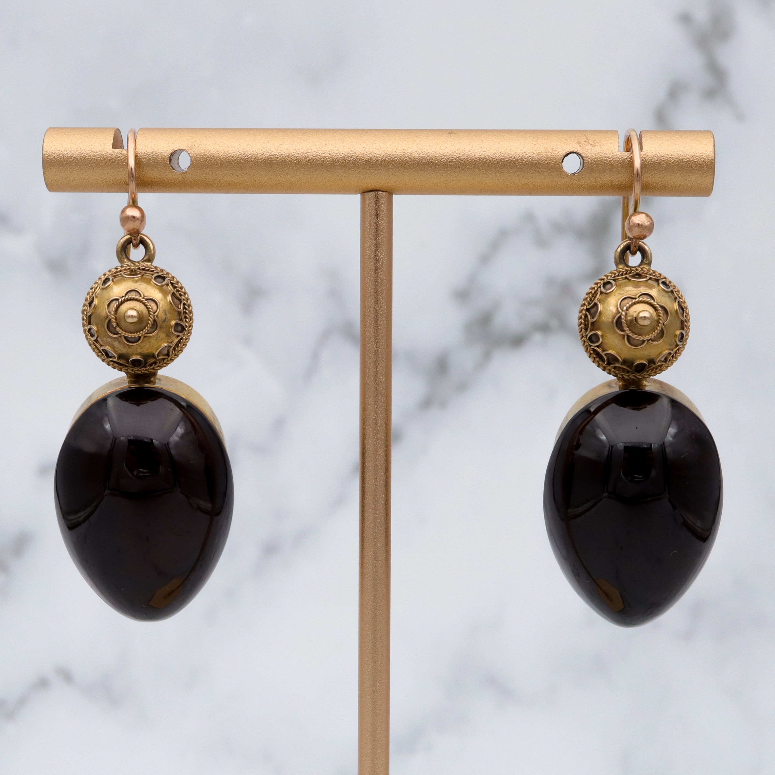 Antique Victorian Etruscan Revival 14k gold teardrop garnet drop earrings with locket backs