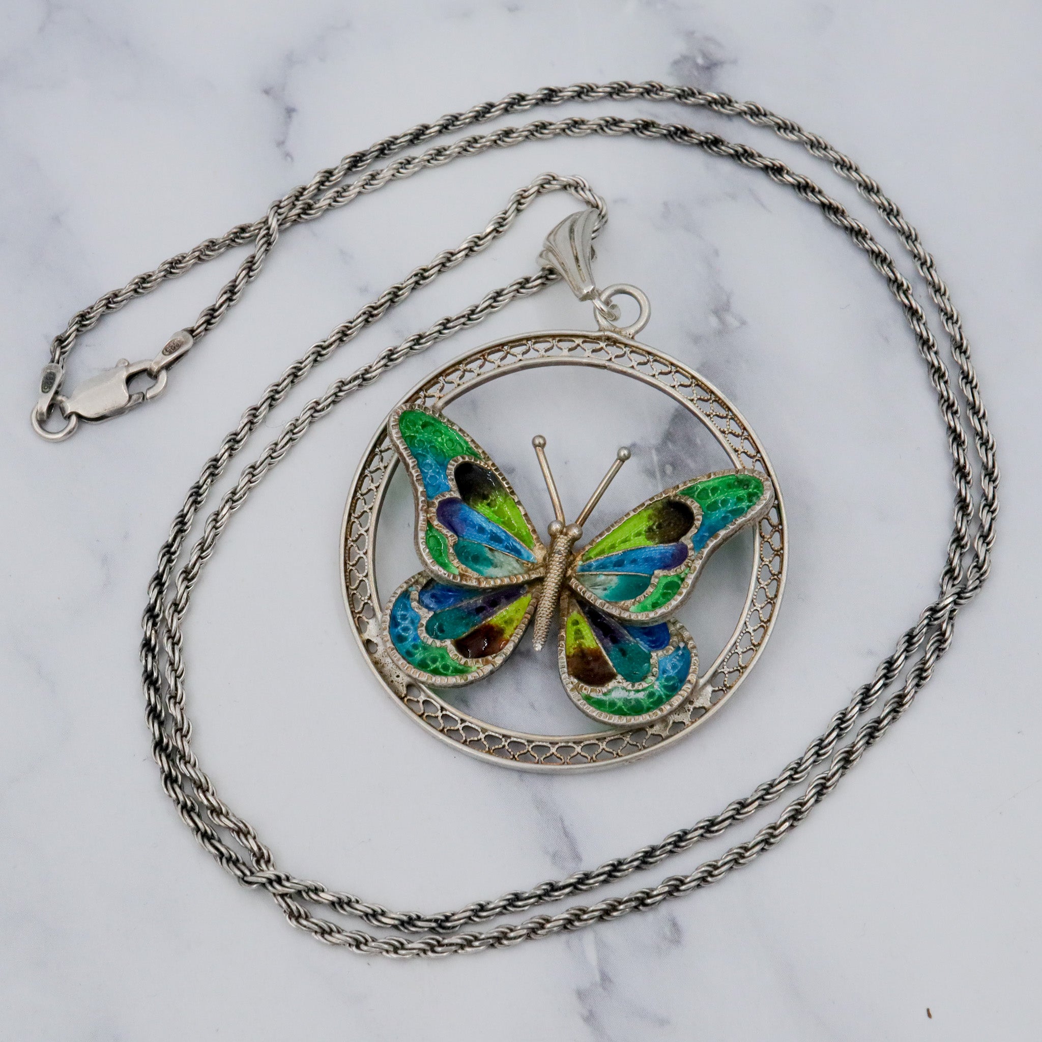 Large Italian .800 silver filigree plique a jour enamel butterfly pendant on 2mm rope chain, 24”