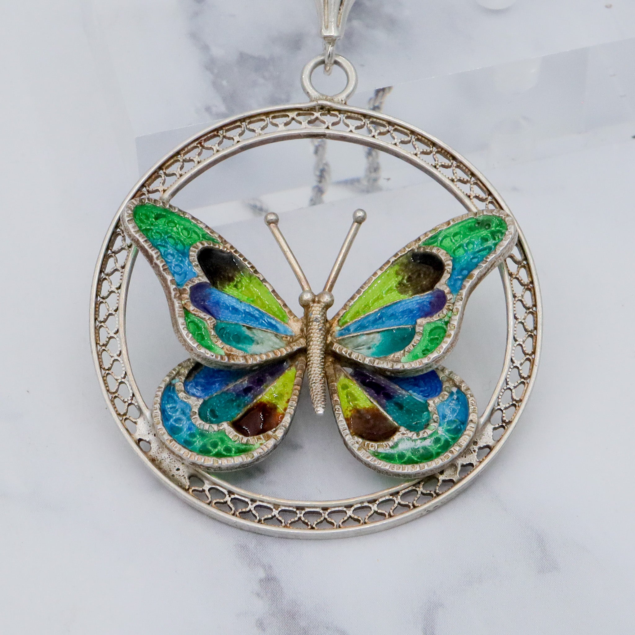 Large Italian .800 silver filigree plique a jour enamel butterfly pendant on 2mm rope chain, 24”