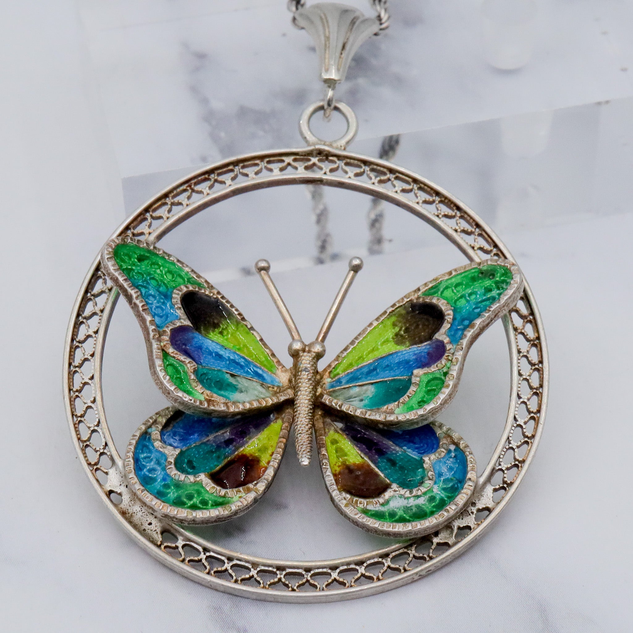 Large Italian .800 silver filigree plique a jour enamel butterfly pendant on 2mm rope chain, 24”