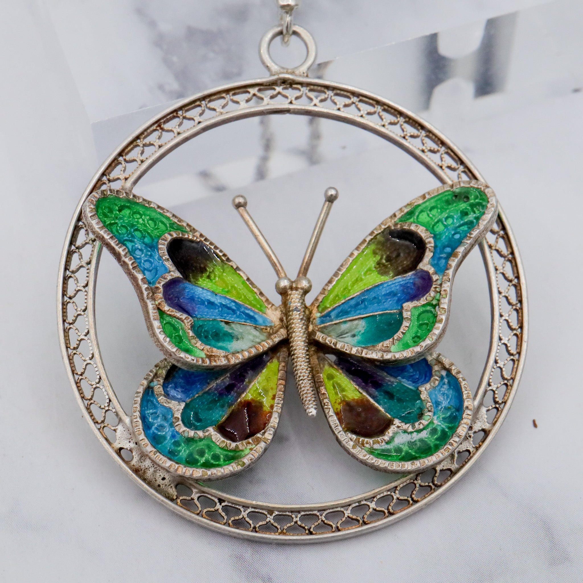 Large Italian .800 silver filigree plique a jour enamel butterfly pendant on 2mm rope chain, 24”
