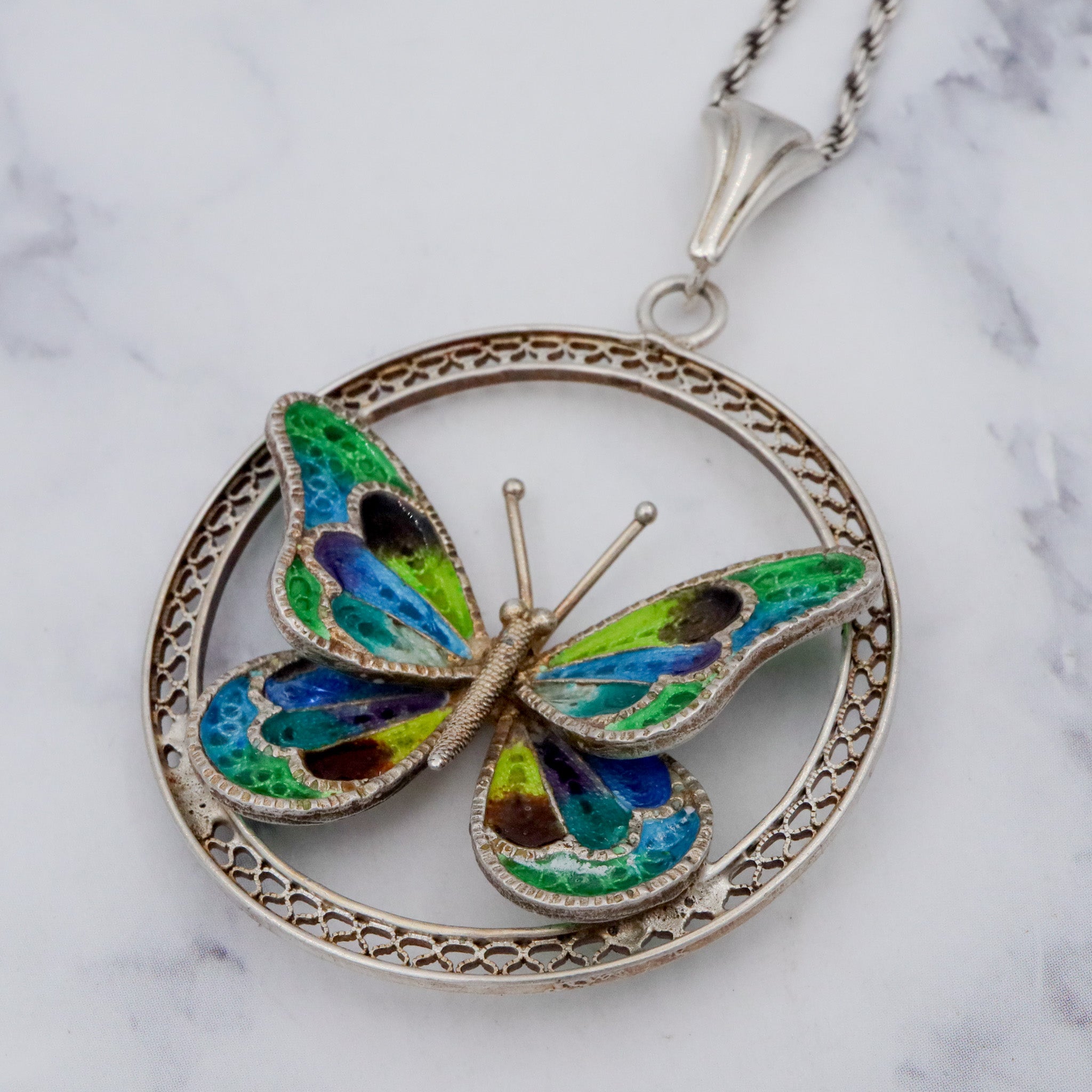 Large Italian .800 silver filigree plique a jour enamel butterfly pendant on 2mm rope chain, 24”