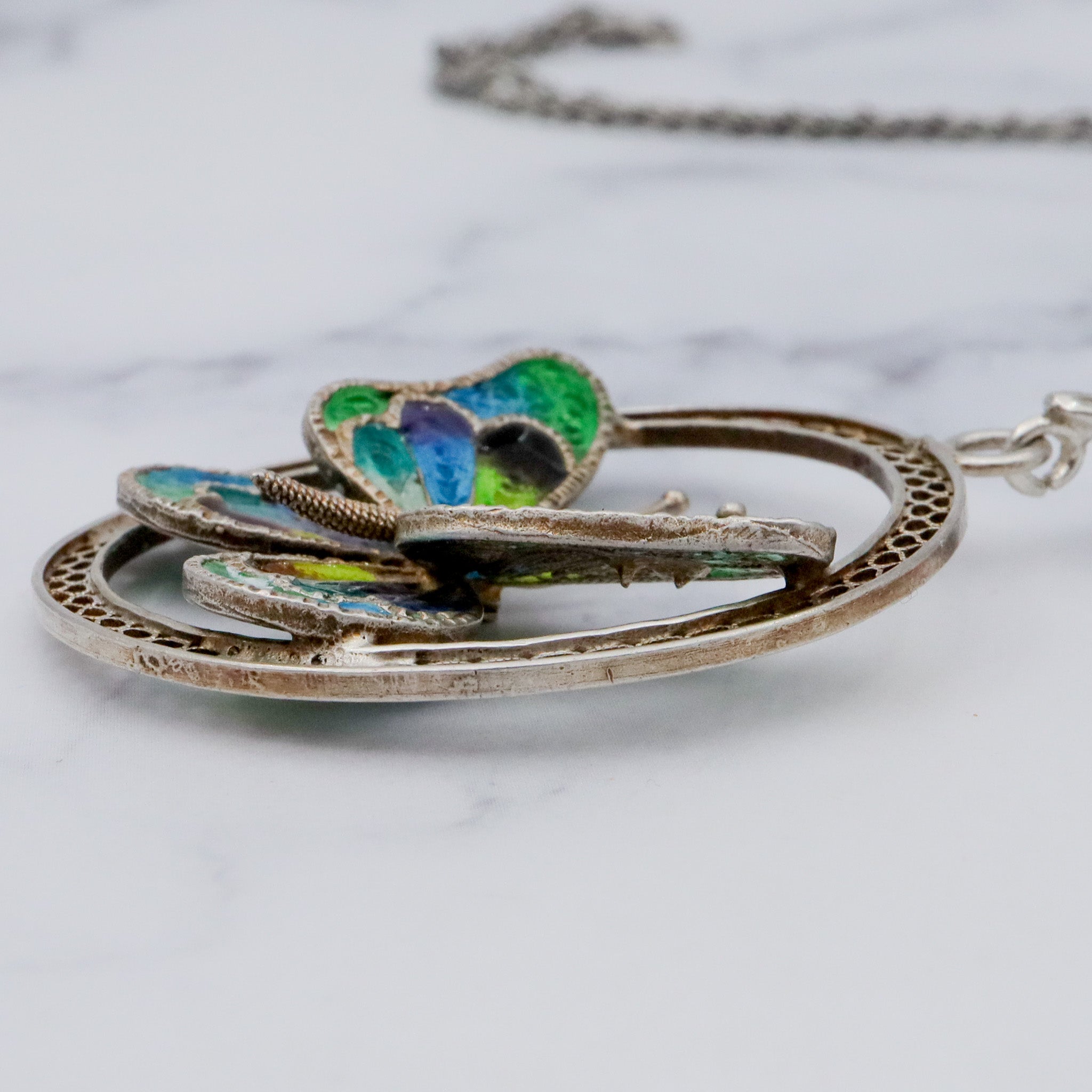 Large Italian .800 silver filigree plique a jour enamel butterfly pendant on 2mm rope chain, 24”