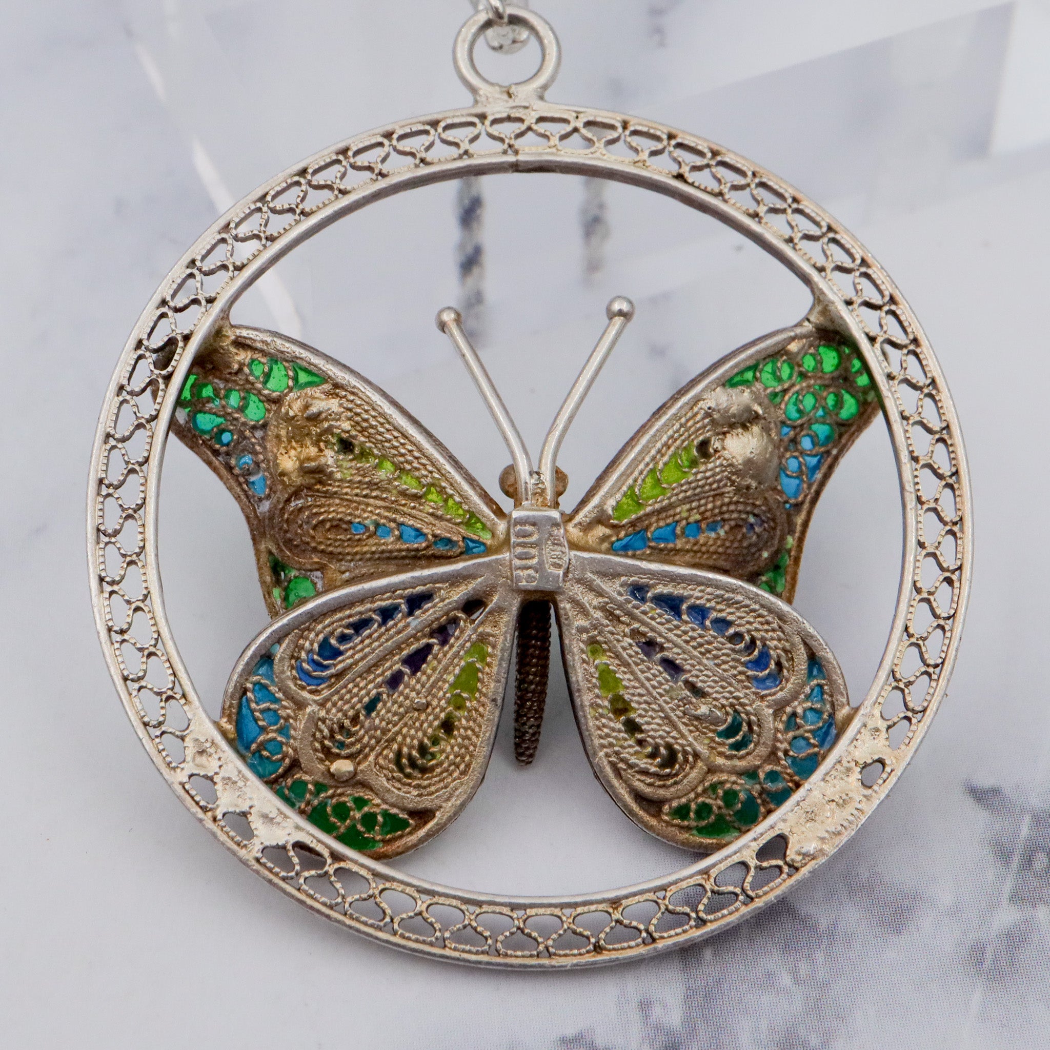 Large Italian .800 silver filigree plique a jour enamel butterfly pendant on 2mm rope chain, 24”