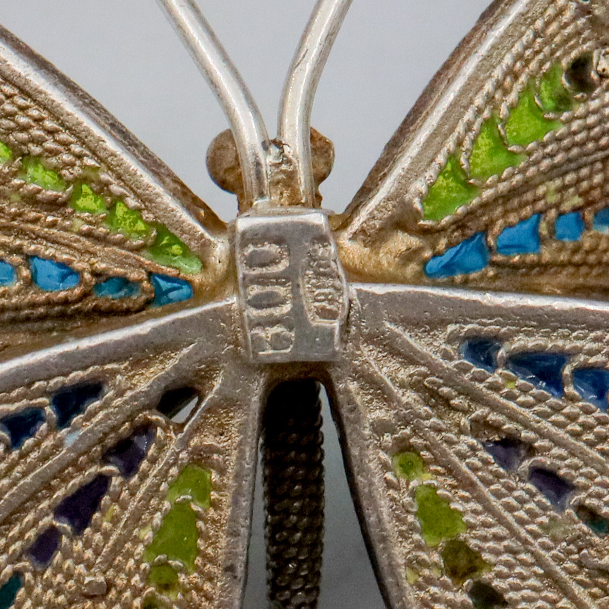 Large Italian .800 silver filigree plique a jour enamel butterfly pendant on 2mm rope chain, 24”