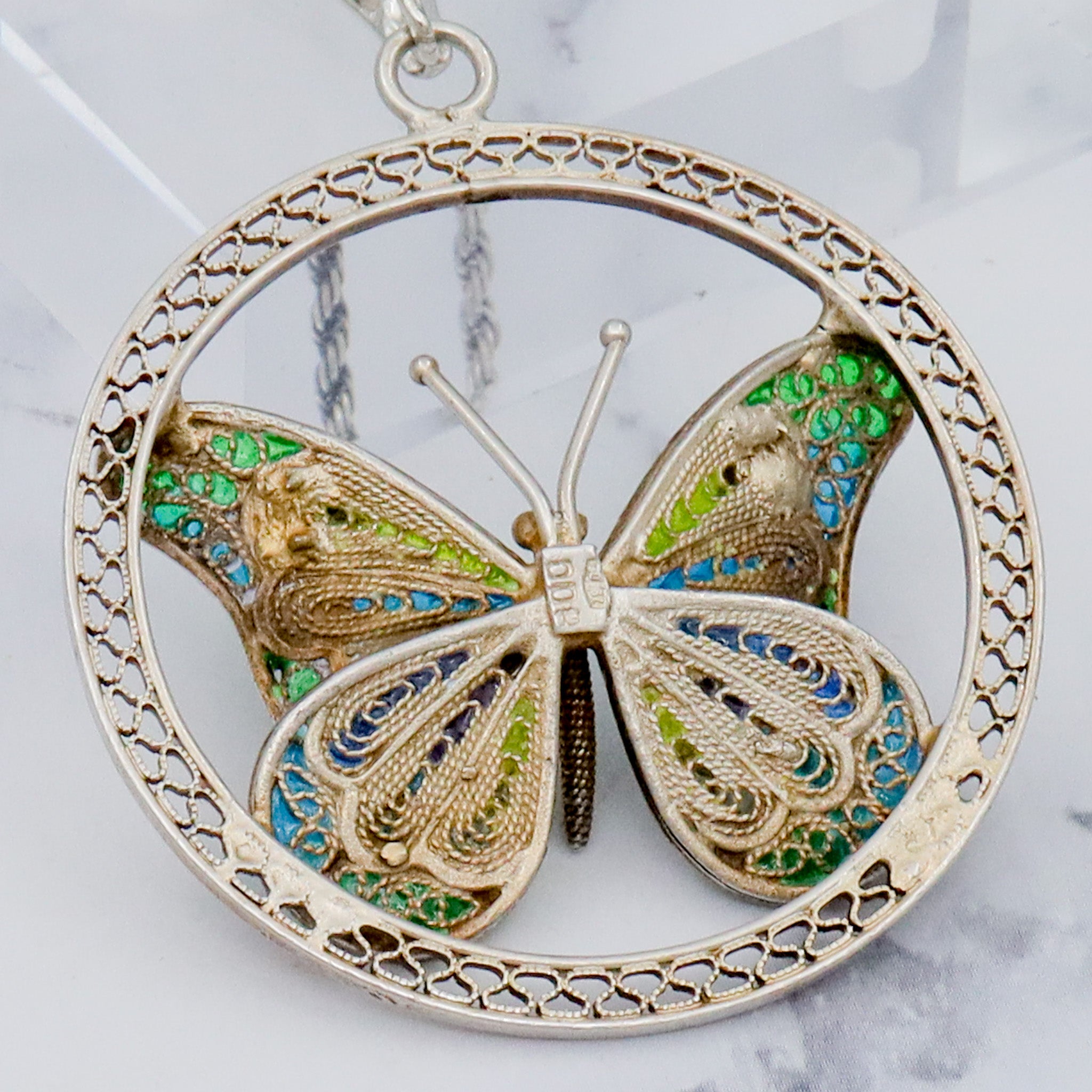 Large Italian .800 silver filigree plique a jour enamel butterfly pendant on 2mm rope chain, 24”