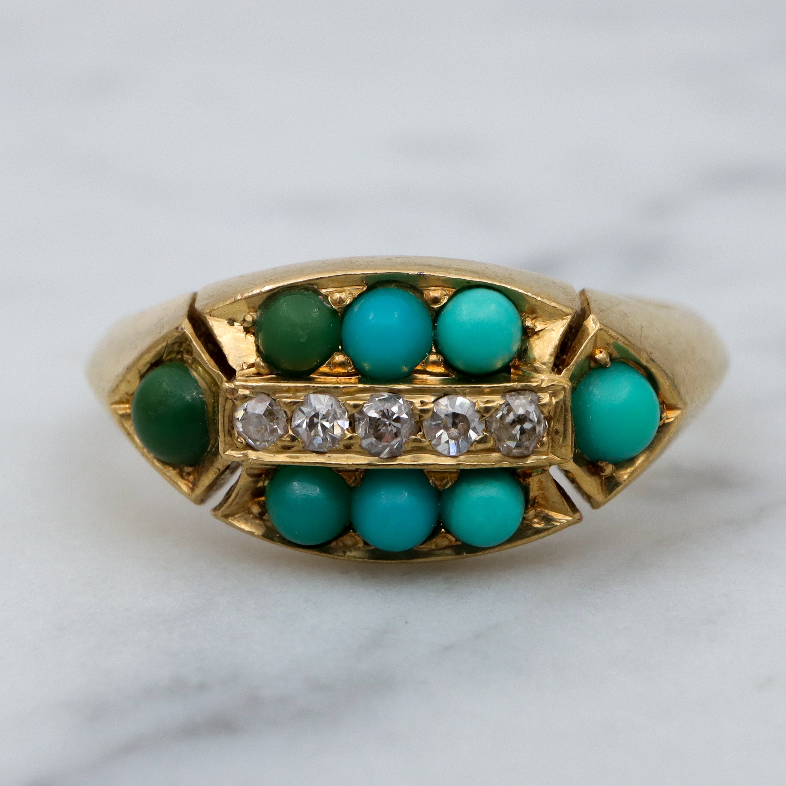 Antique Victorian 18k gold, turquoise & old mine cut diamond ring, sz 6