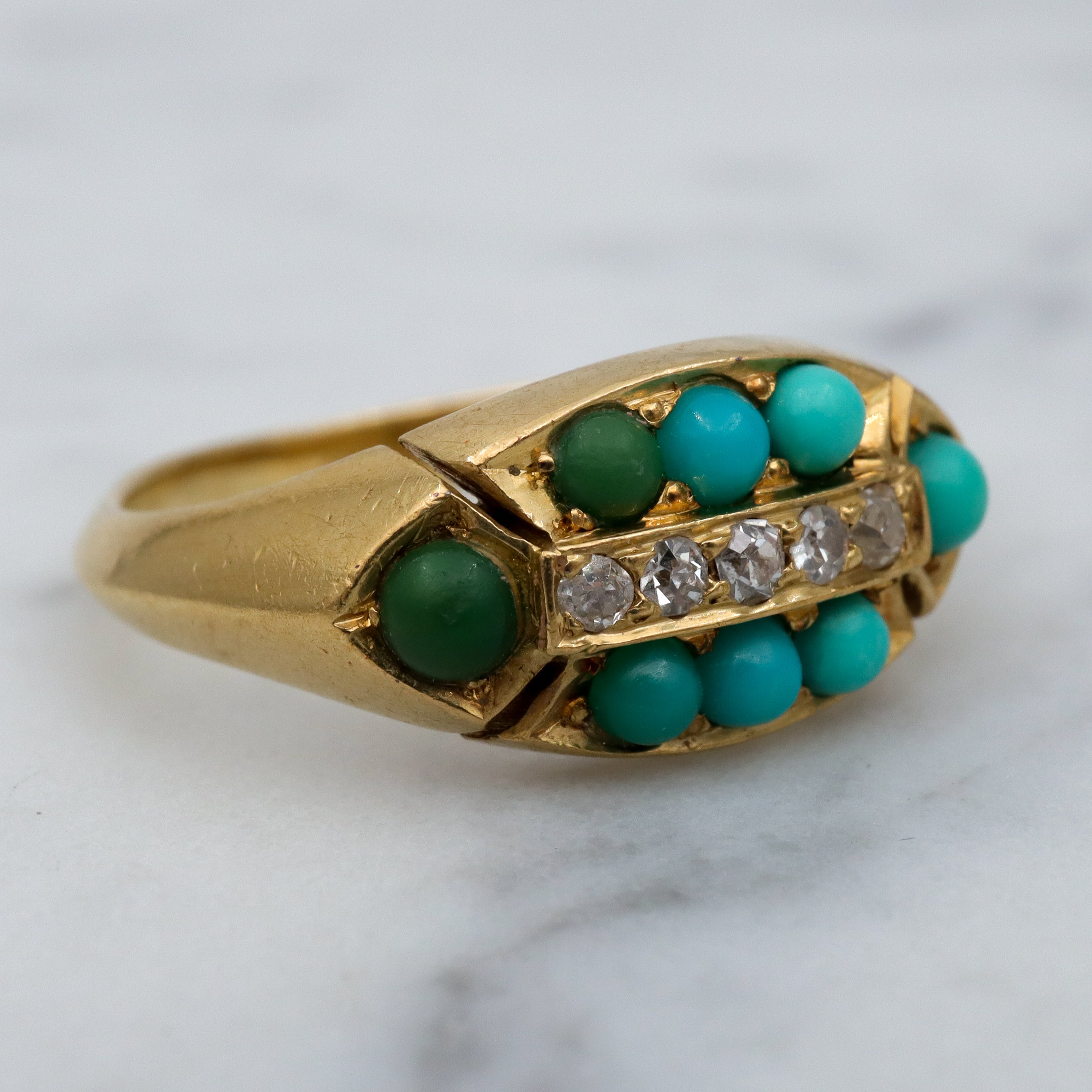 Antique Victorian 18k gold, turquoise & old mine cut diamond ring, sz 6