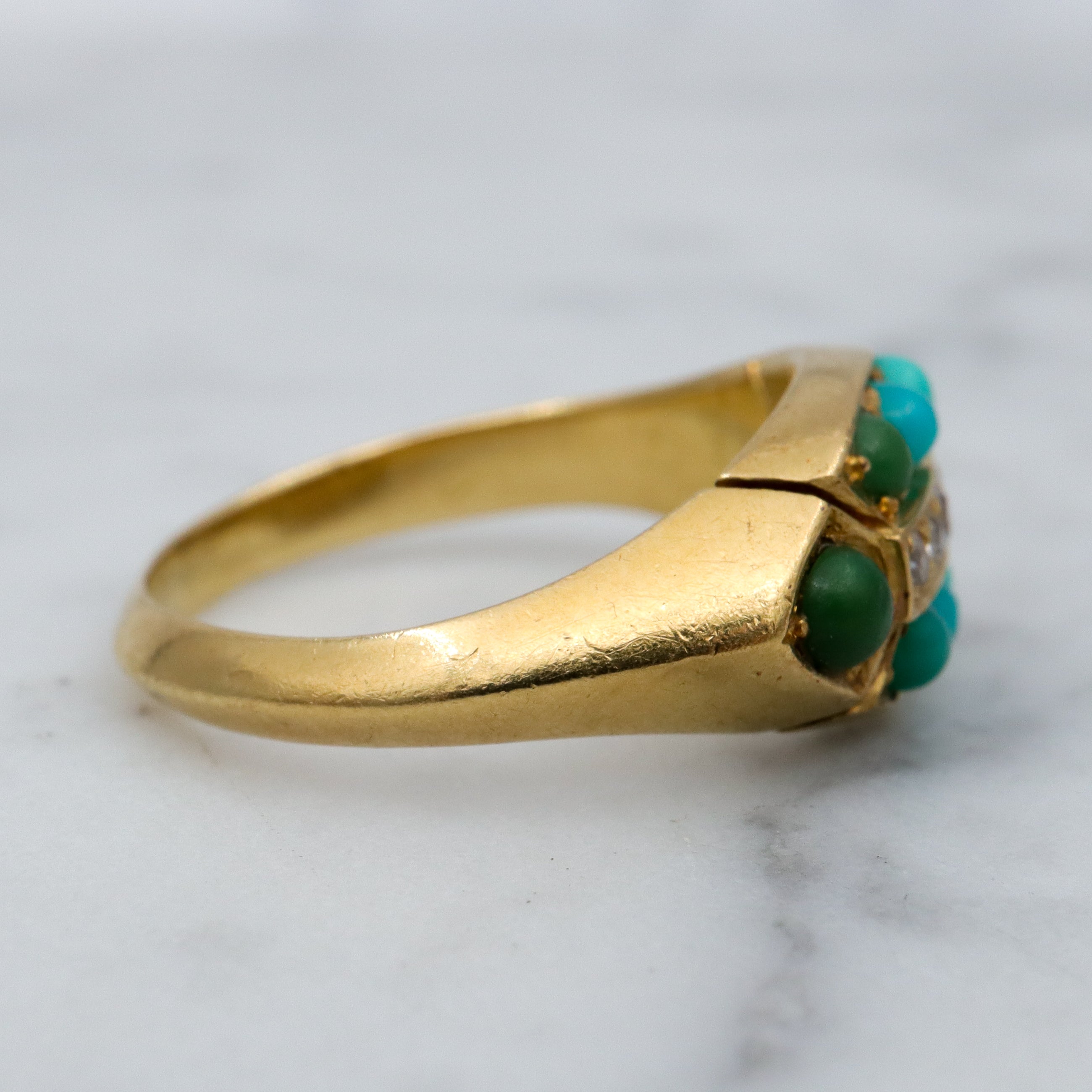 Antique Victorian 18k gold, turquoise & old mine cut diamond ring, sz 6