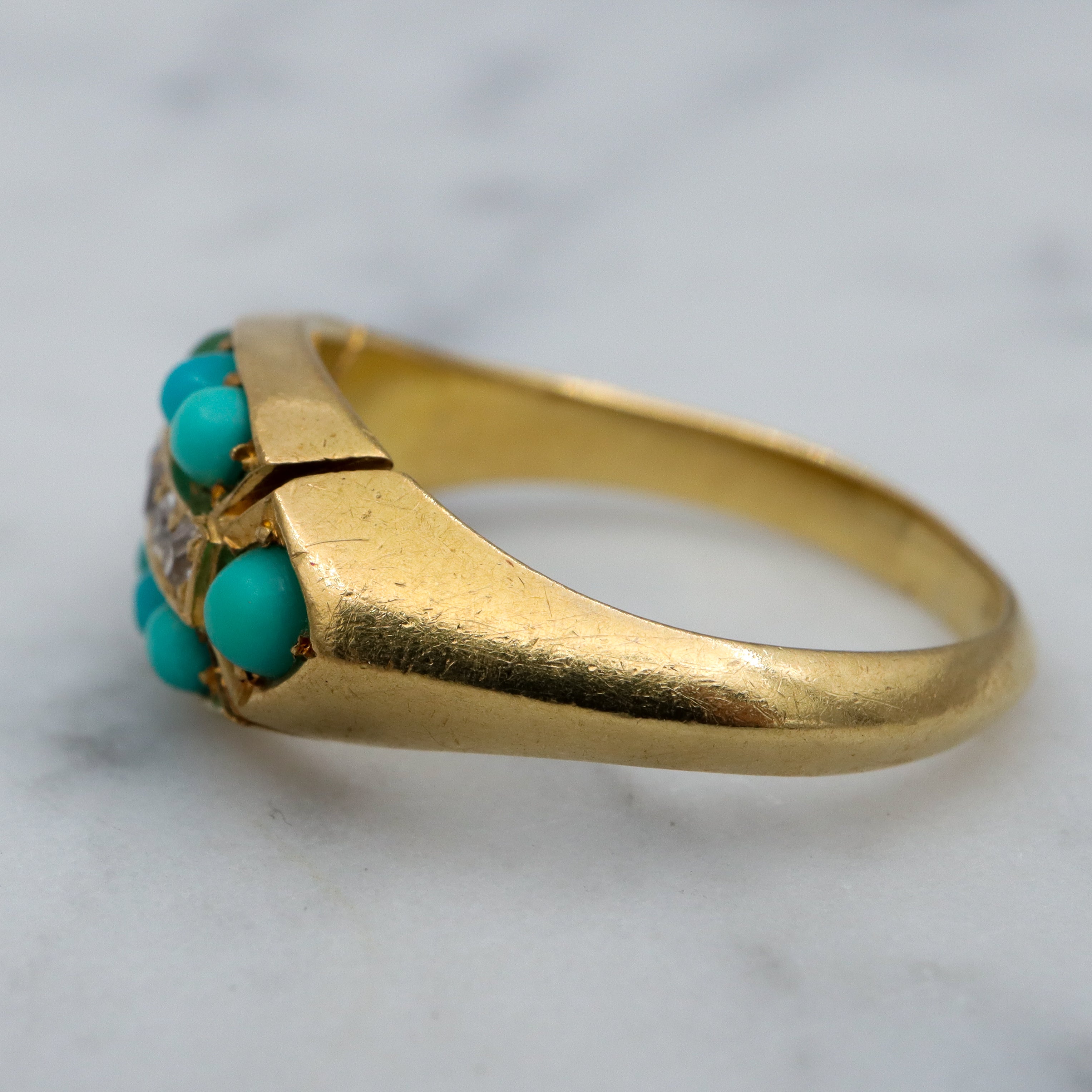 Antique Victorian 18k gold, turquoise & old mine cut diamond ring, sz 6
