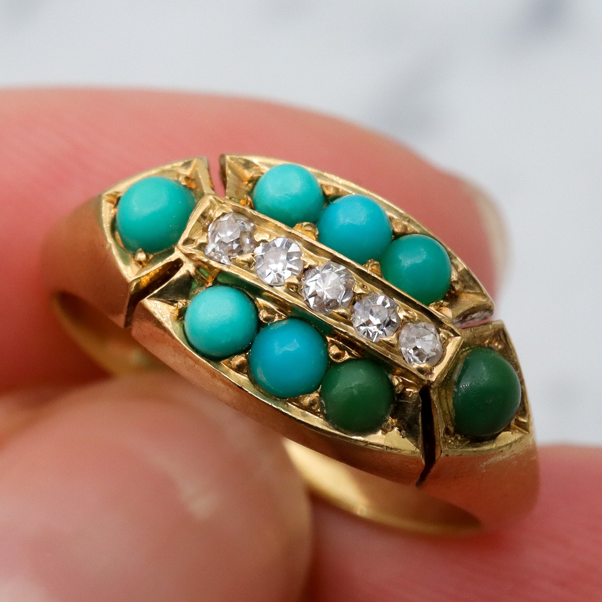 Antique Victorian 18k gold, turquoise & old mine cut diamond ring, sz 6