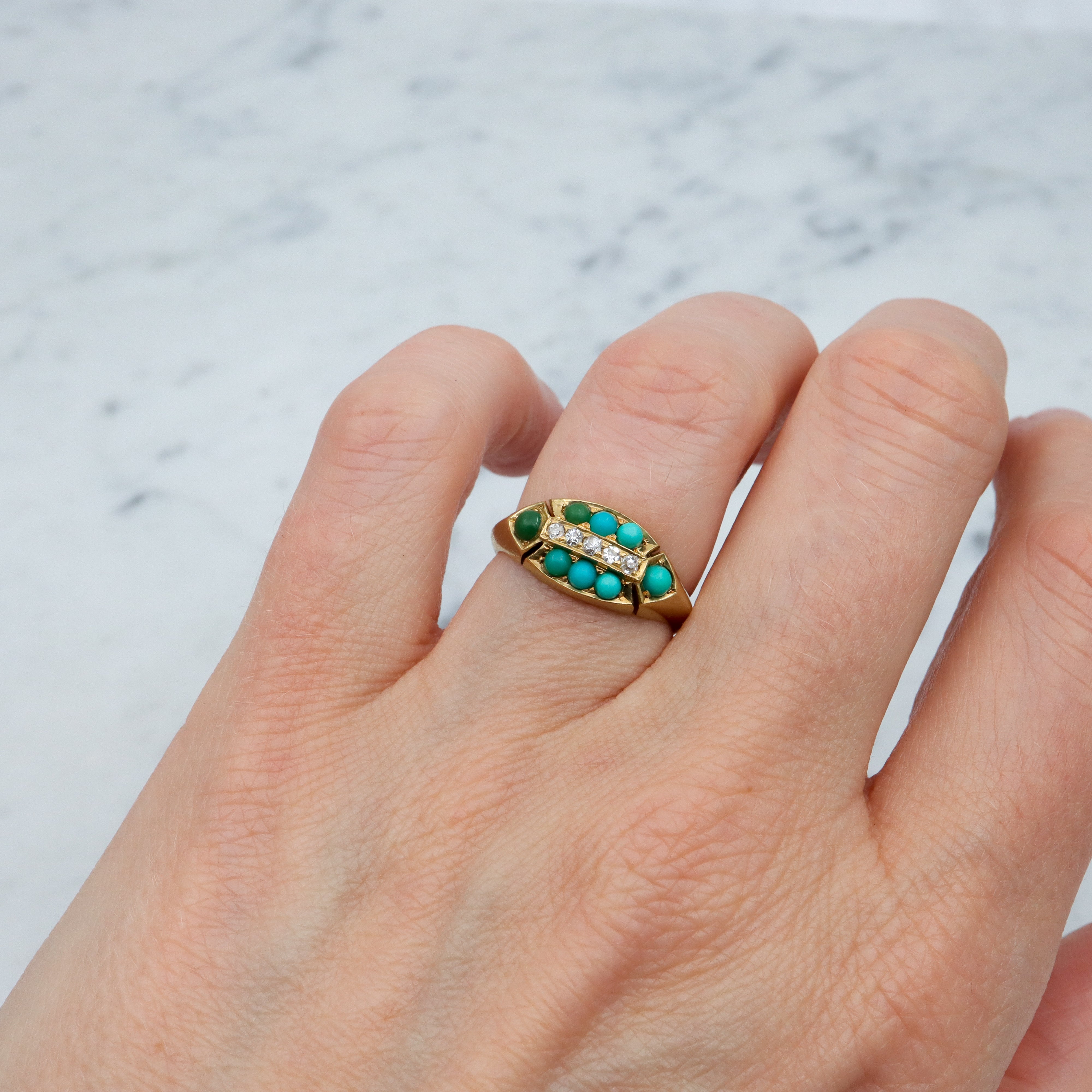Antique Victorian 18k gold, turquoise & old mine cut diamond ring, sz 6